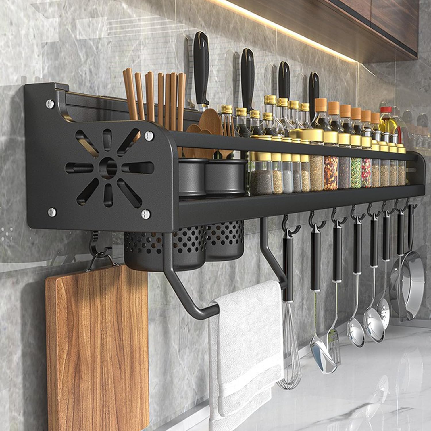 Küchenutensilienhalter Zur Wandmontage, Gewürzregal Mit Haken, Wandhängendes Spachtel- Und Löffelregal, 50 Cm Gewürzglas-organizer, Messerhalter Und Werkzeugaufbewahrung