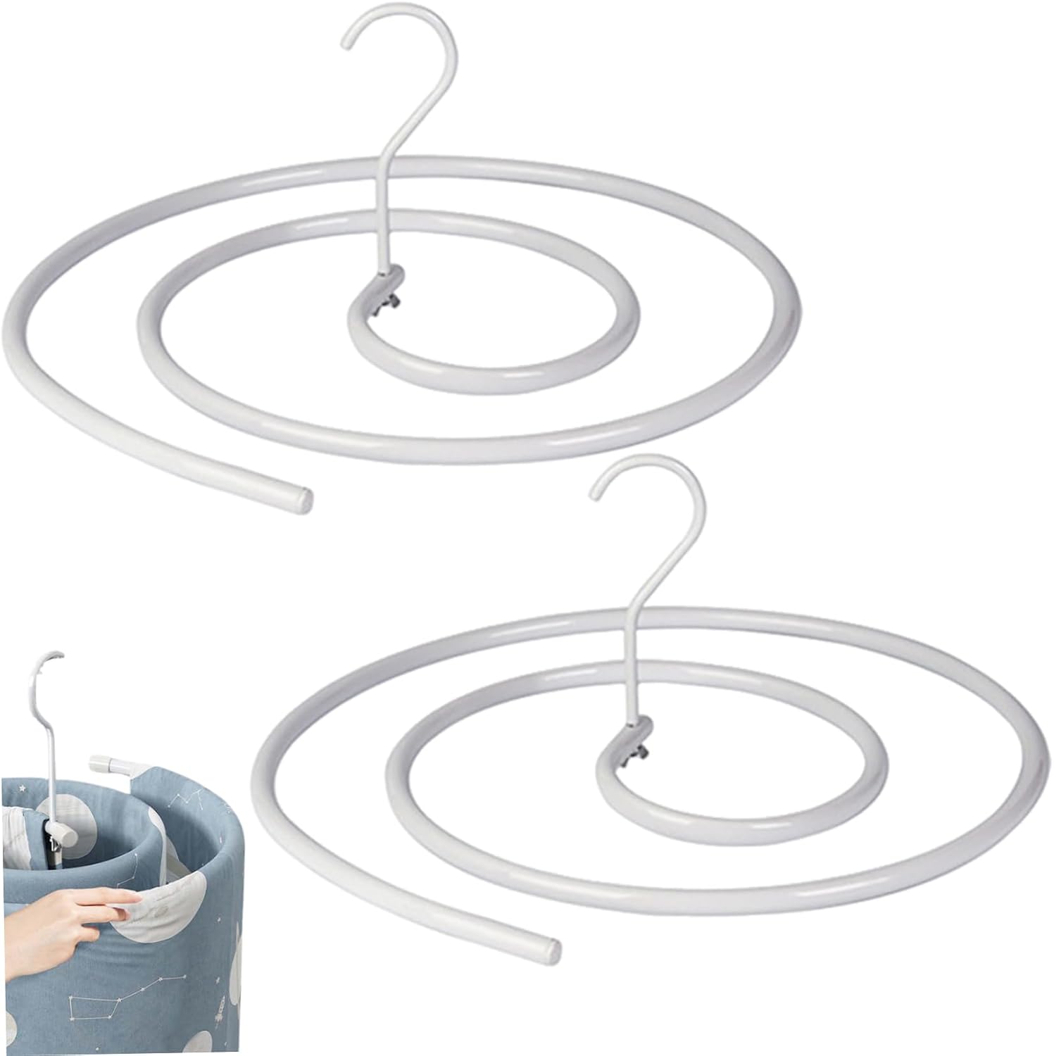 Set Mit 2 Runden, Spiralförmigen, Platzsparenden Deckenaufhängern Mit Abnehmbaren Dicken Eisenspannern Und Kleiderbügeln Für Bettwäsche, Badetücher, Tischdecken, Kleidung.