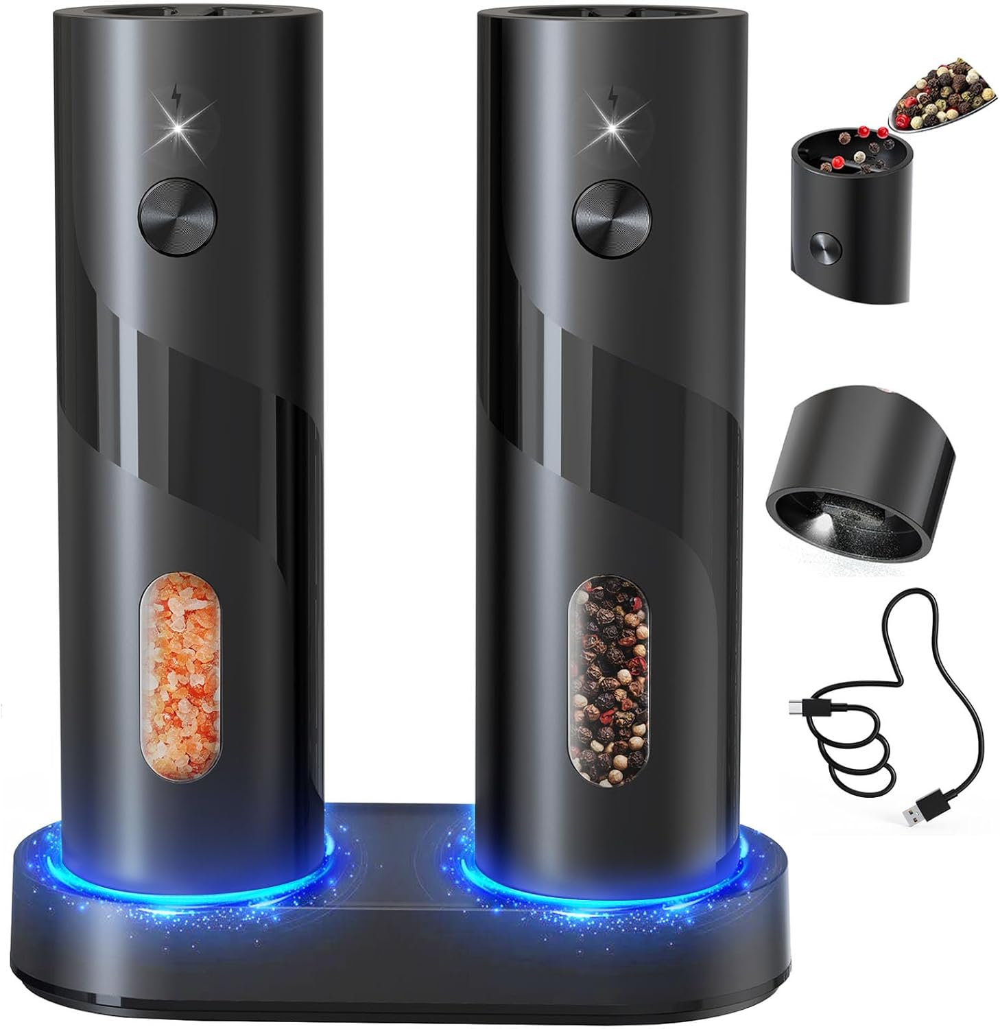 Wiederaufladbares Elektrisches Salz- Und Pfeffermühlen-set, Top-refill, Automatische Pfeffermühle Mit Ladestation, Einstellbarer Grobheit, Einfaches Befüllen, Größere Kapazität Mit Led Für Die Küche Z