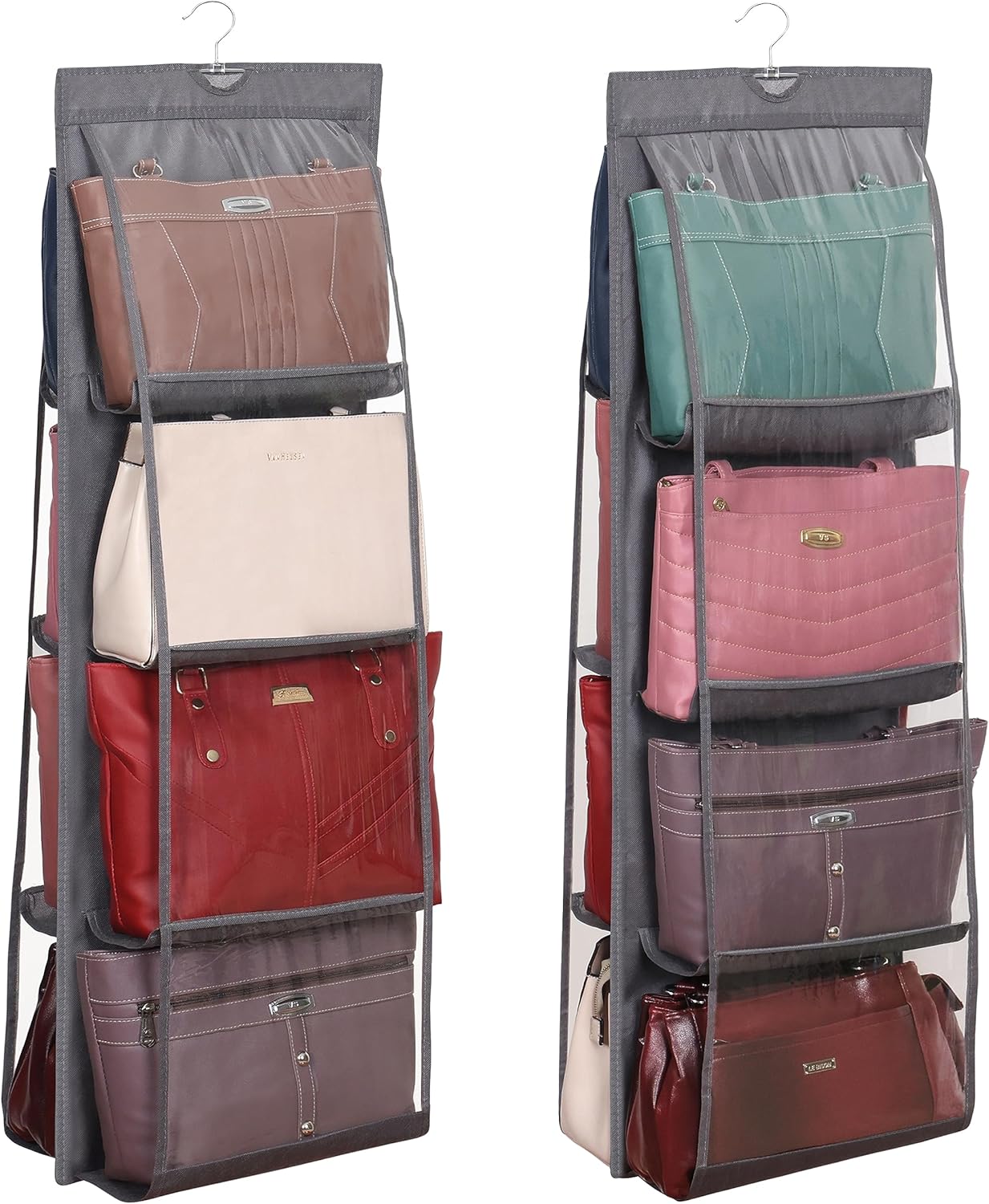 Winter Shore Handtaschen-organizer Zum Aufhängen [2er-set] – Faltbarer Taschenhalter Für Clutch Und Tragetasche – Ankleidezubehör Mit 8 Fächern – Transparenter Kunststoff Und Stabiler Verzinkter Haken