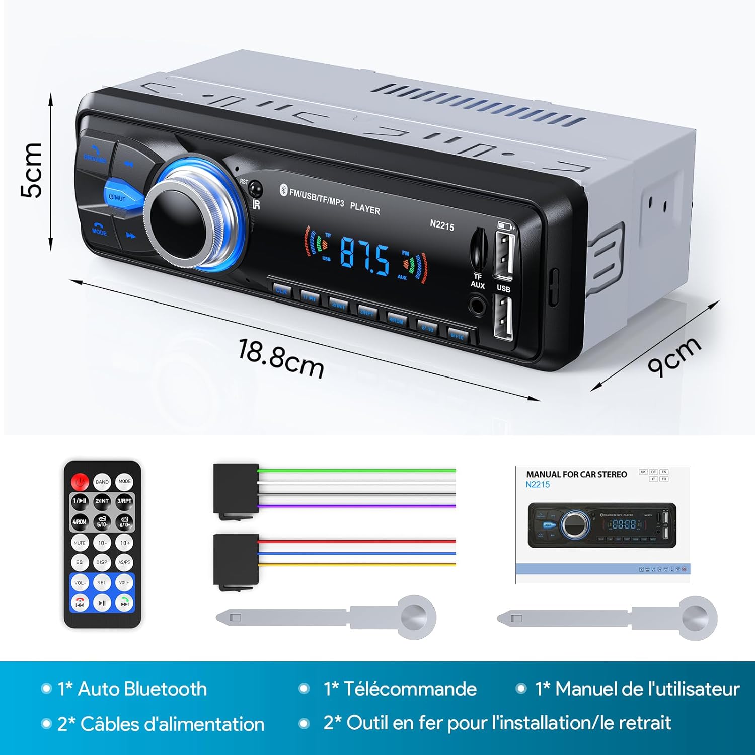 Freisprecheinrichtung Bluetooth 5.0 Autoradio, Fm Bluetooth Autoradio, 1 Din Autoradio Für 9–12 V Auto, Unterstützt 2 Usb/aux/sd/tf/mp3, Unterstützt Ios/android