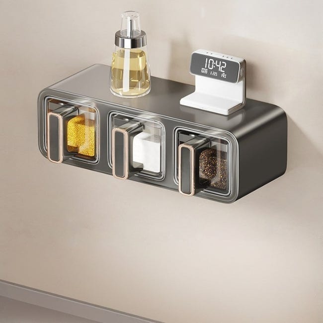 Küchengewürzbox, Set Mit 3 Gewürzdosen, Wandmontiert, Ohne Bohren, Zum Aufbewahren Von Salz Und Anderen Gewürzen – 26,5×13,3×9,6 Cm