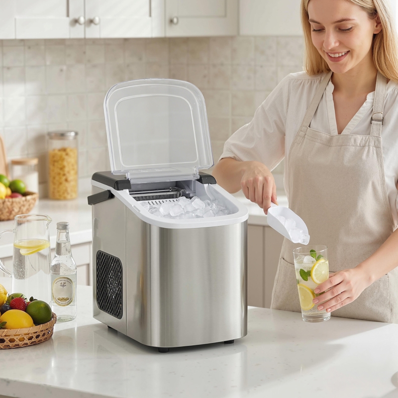 Eiswürfelbereiter, 12 Kg In 24 Stunden, 9 Eiswürfel In 7 Minuten, Tragbarer Eiswürfelbereiter Mit Selbstreinigungsfunktion, Silber