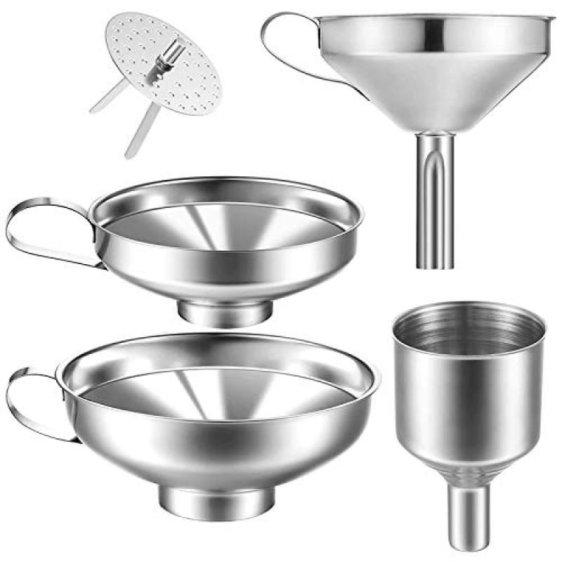 Set Mit 4 Silbernen Edelstahl-küchentrichtern Zum Umfüllen Von Flüssigkeiten