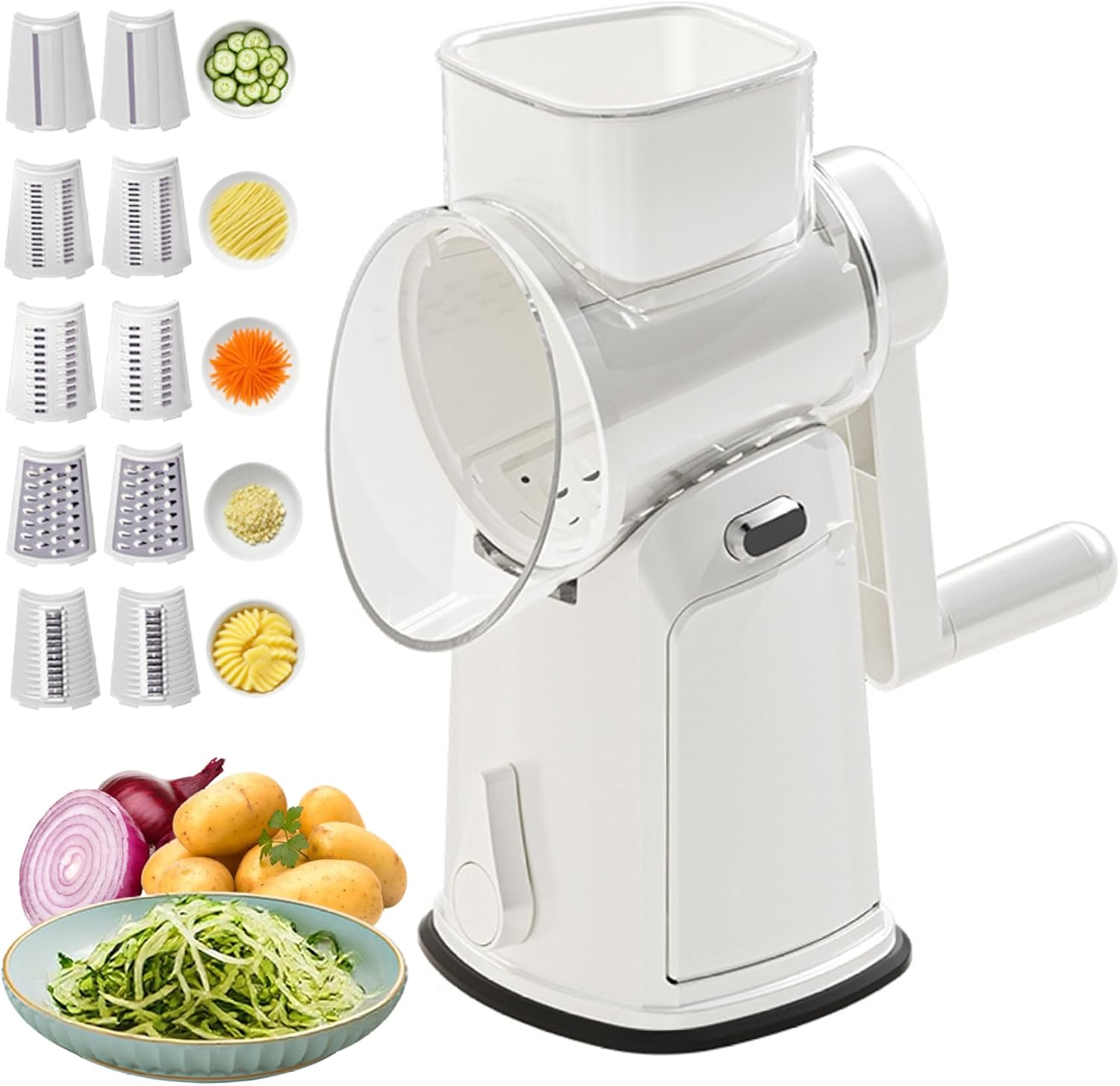 5-in-1-rotationskäsereibe, Gemüsehobel, Kurbelbetrieb Mit Saugnapfbasis, Sichere Mandoline Mit 10 Klingen Und Spritzschutz, Küchenwerkzeug
