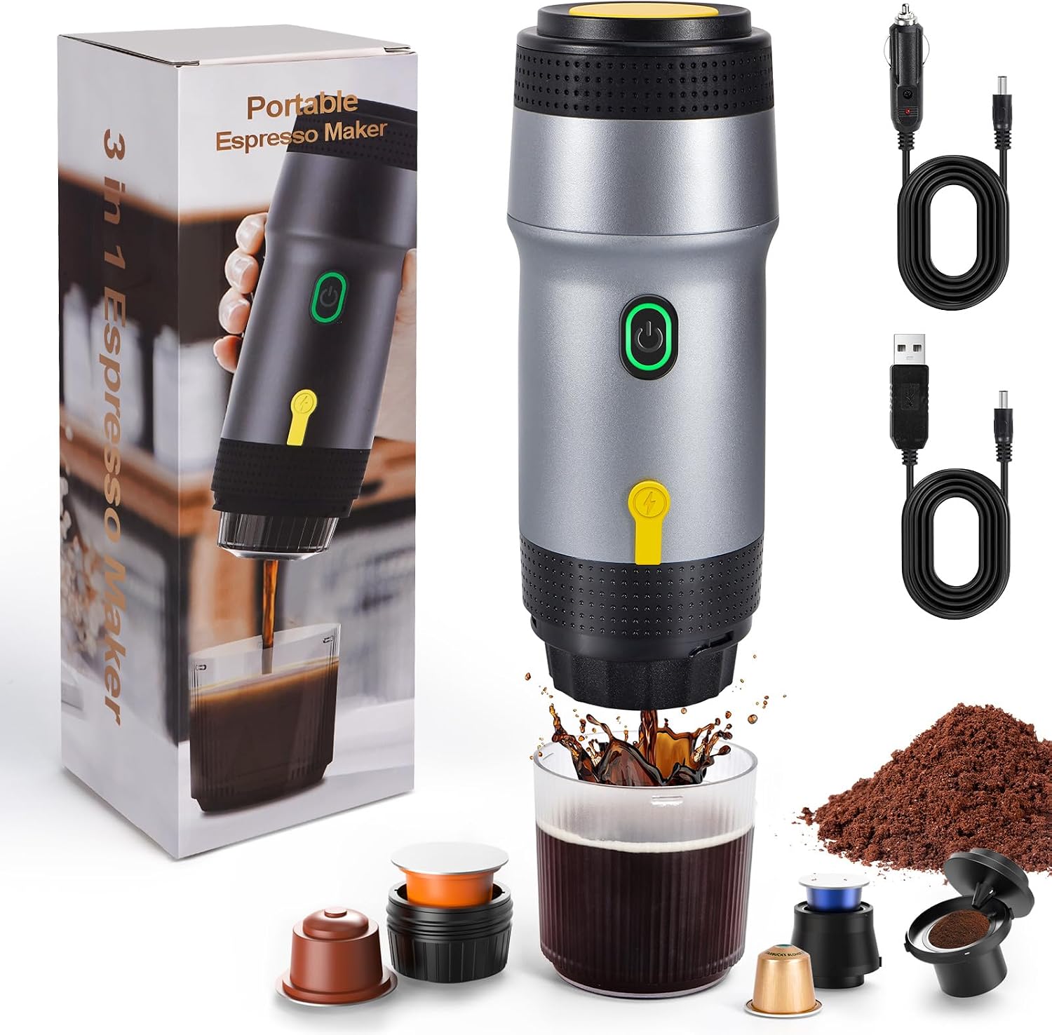 Tragbare 3-in-1-espressomaschine, Selbstheizend, 12 V, Kompatibel Mit Großer Kapsel, Kleiner Kapsel Und Gemahlenem Kaffee, Elektrische Reisekaffeemaschine, Ideal Für Camping, Wohnmobil Und Büro, Silbe