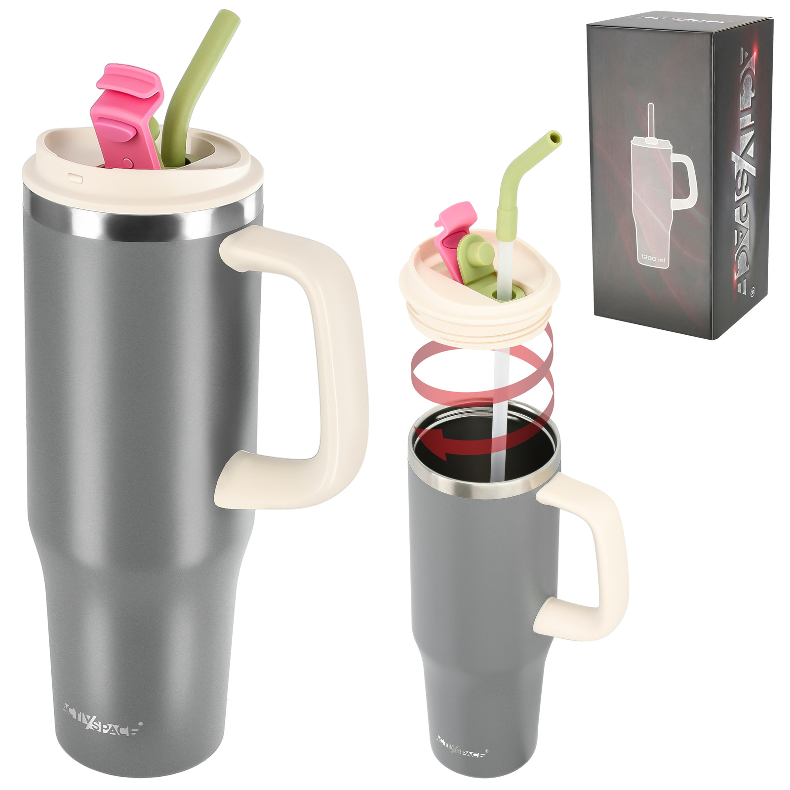 Thermobecher Mit Strohhalmgriff Für Kaffee Oder Tee, Auslaufsicher, 1200 Ml – Grau