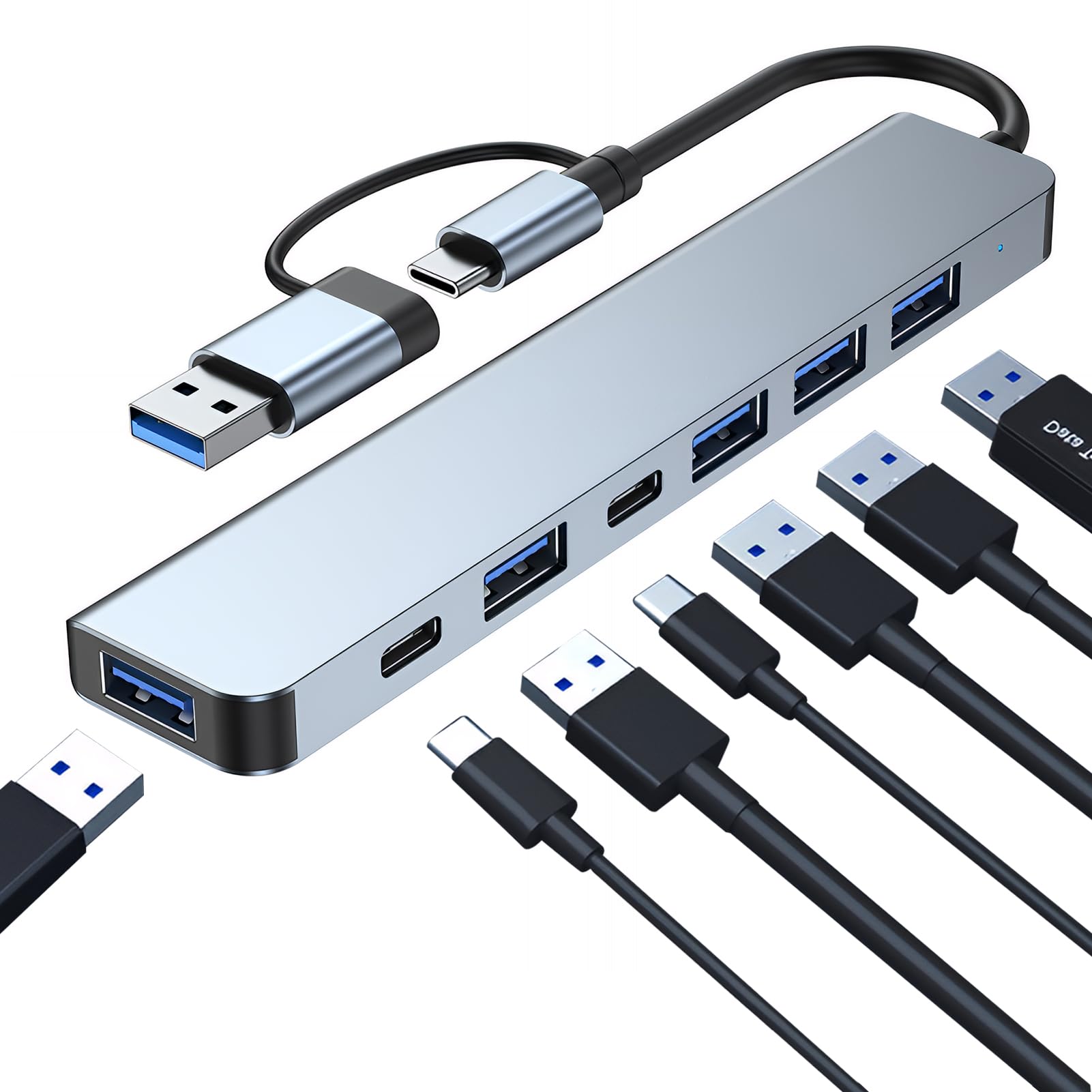 7-in-1-dual-head-usb-hub, Usb-a- Und Usb-c-anschluss, 1× Usb 3.0, 4× Usb 2.0, 2× Usb-c-datenanschlüsse, Hochgeschwindigkeits-mehrgeräteadapter Für Computer, Tablets Und Telefone