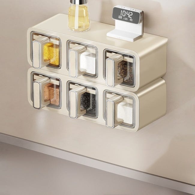 Küchengewürzbox, Set Mit 6 Gewürzdosen, Wandmontiert, Ohne Bohren, Zum Aufbewahren Von Salz Und Anderen Gewürzen – 26,5×13,3×19,2 Cm