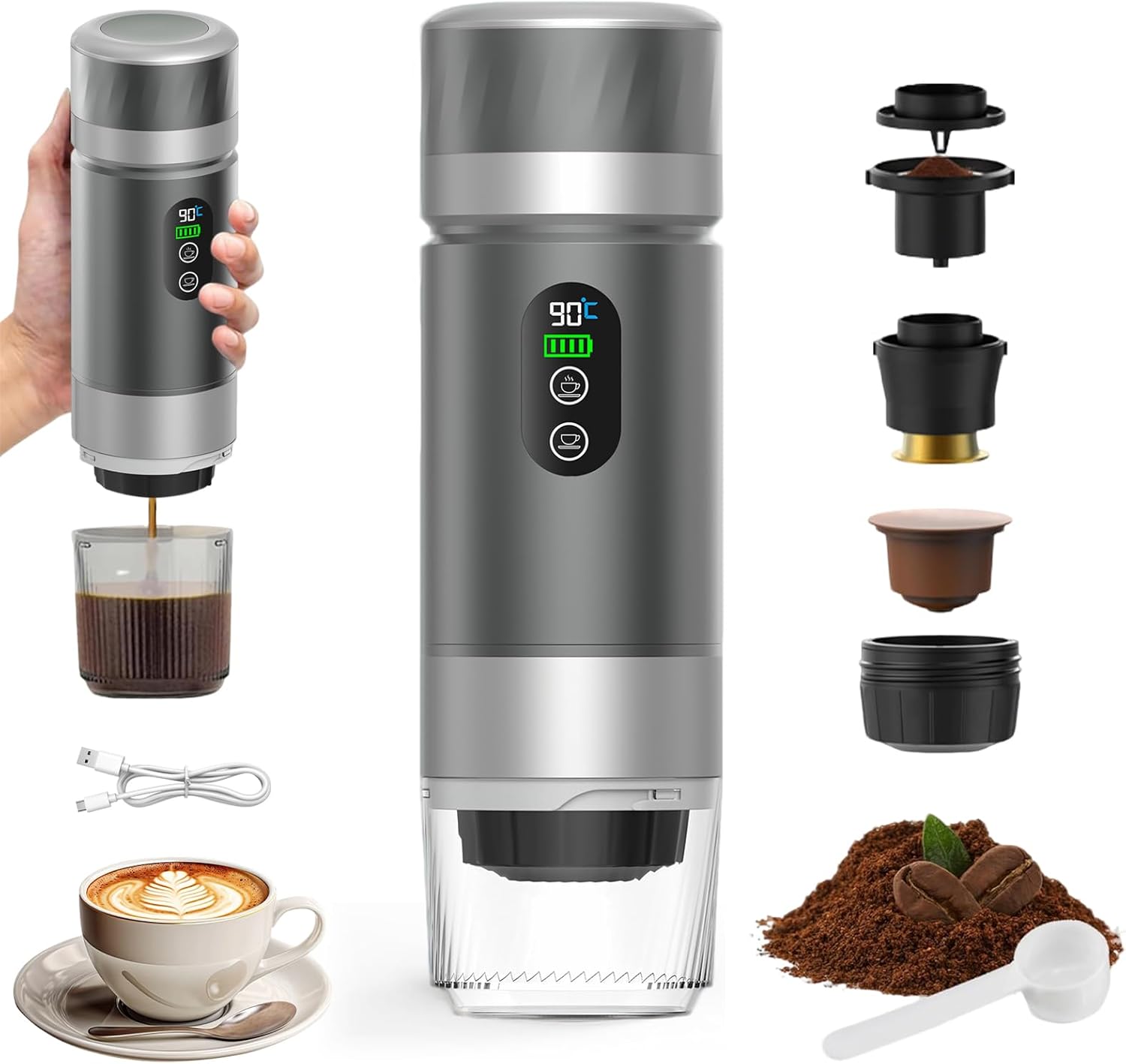 Tragbare Kaffeemaschine, 3-in-1-espressomaschine Mit Heizfunktion, 12-v-akku, Für Büro, Reisen Und Zuhause, Kompatibel Mit Espressokapseln Und Gemahlenem Kaffee, Grau
