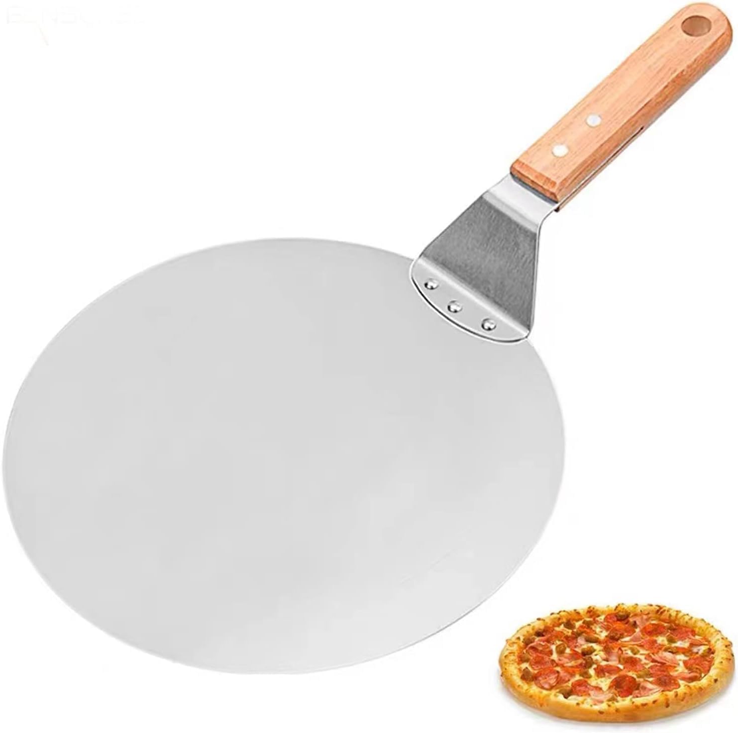 Pizzaschaufel, Pizzapalette 25,5 X 25,5 Cm Rund Mit 14 Cm Holzgriff Und Edelstahl-metalltablett – Küchenspatel Zum Wenden Ihrer Pizzen, Crêpes, Torten Usw.