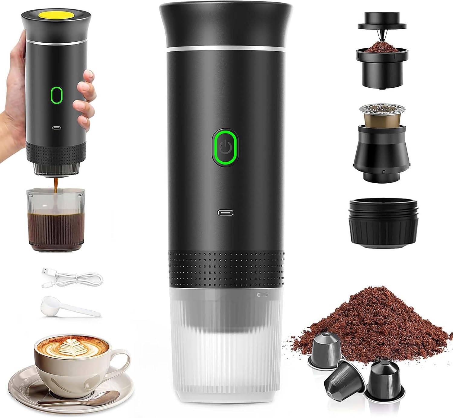 Tragbare Reise-kaffeemaschine, 12-v-akku-espressomaschine Mit Tragetasche Für Camping Und Auto, Schnelles Aufheizen, Kompatibel Mit K-cup-kapseln Und Gemahlenem Kaffee, Reisefreundlich, Schwarz