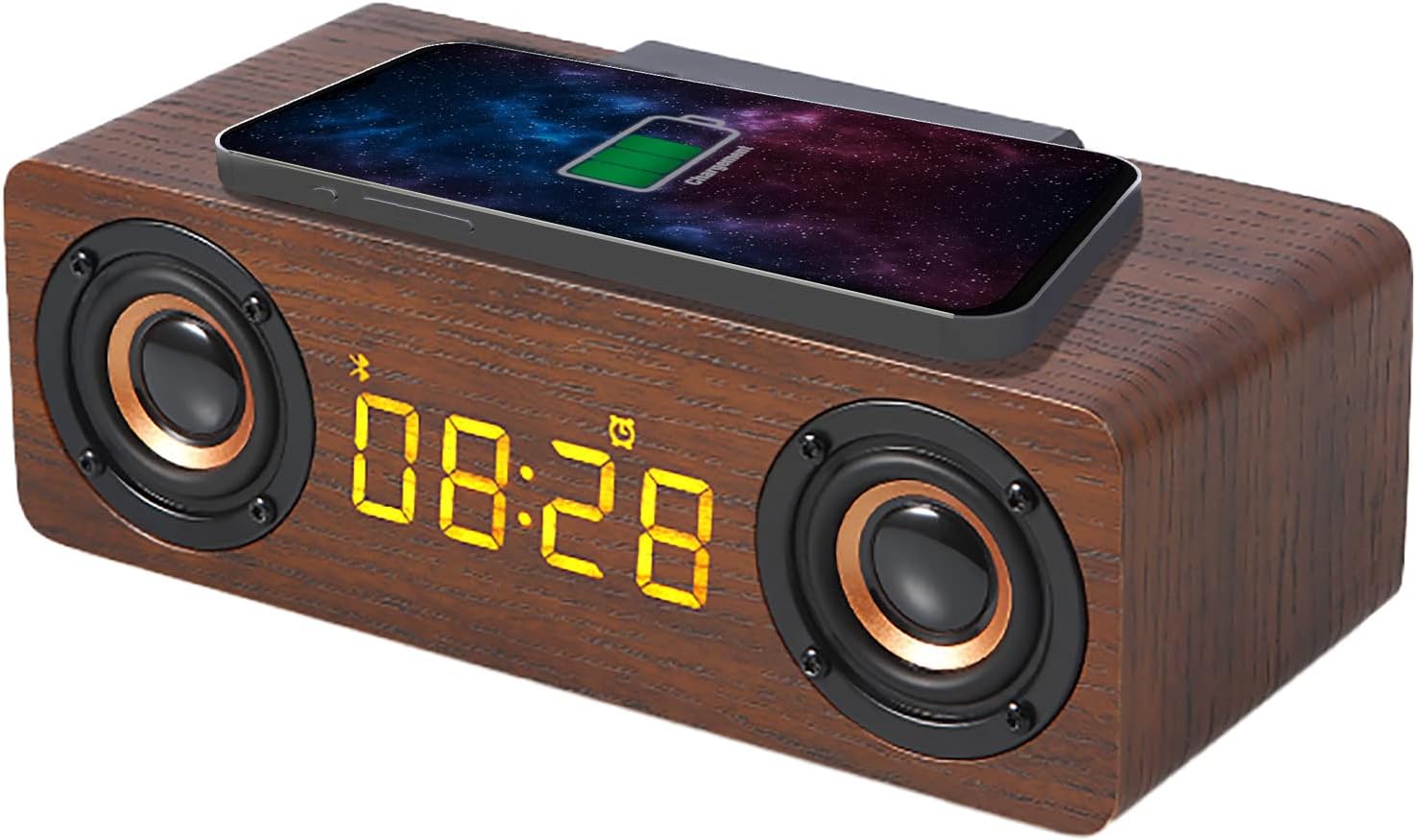 Bluetooth-lautsprecher, Holzwecker Mit Fm-radio, Kabelloses Induktionsladen Für Smartphone, Usb-ladeanschluss, Einstellbare Helligkeit, Digitales Wecker-led-display, 425024
