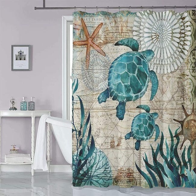 180 X 200 Cm Duschvorhang Mit 12 Schnell Trocknenden Haken (meeresschildkröte), Maschinenwaschbarer Wasserdichter Polyesterstoff, Badezimmervorhänge