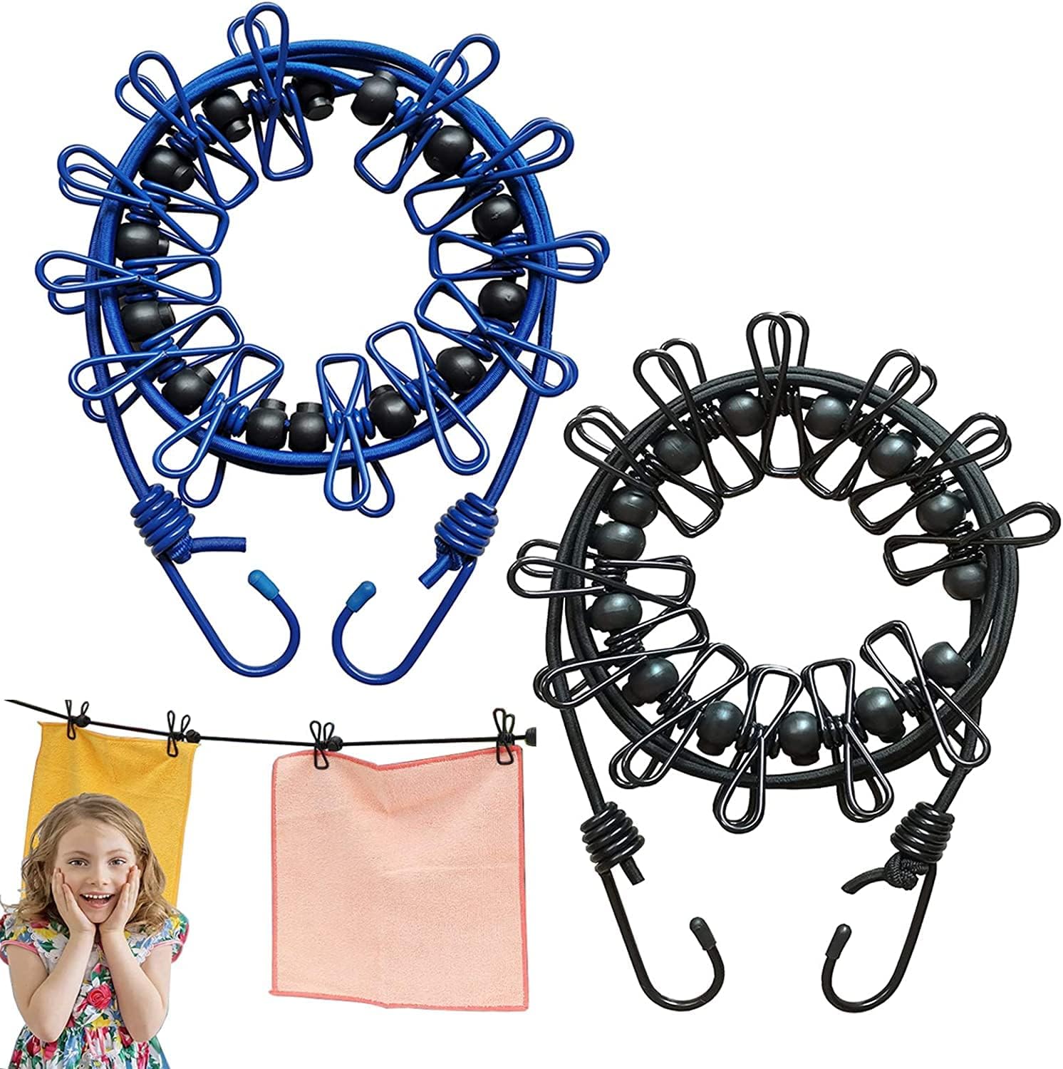 2er-pack Tragbare Wäscheleinen, Elastische Reise-wäscheleine, Verstellbare Und Einziehbare, Windabweisende Wäscheleine Mit 12 Metallklammern Zum Trocknen Von Wäsche Im Freien Auf Reisen Und Beim Campi