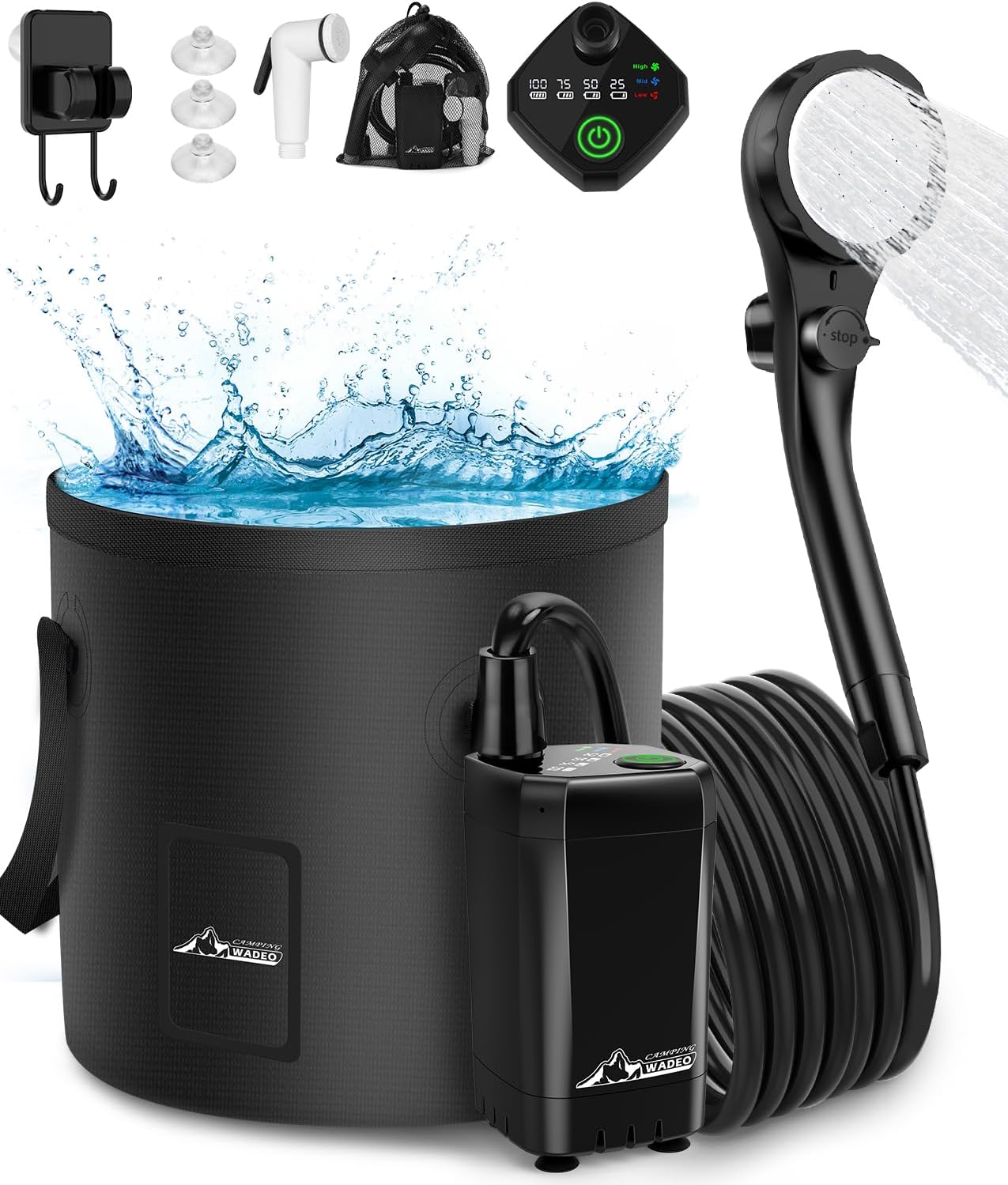 Tragbare Dusche Für Camping, Wiederaufladbare Elektrische Außendusche Mit Intelligentem Digitaldisplay, 20 L Faltbarer Eimer, Zwei Duschköpfe Für Camping, Wandern, Reisen