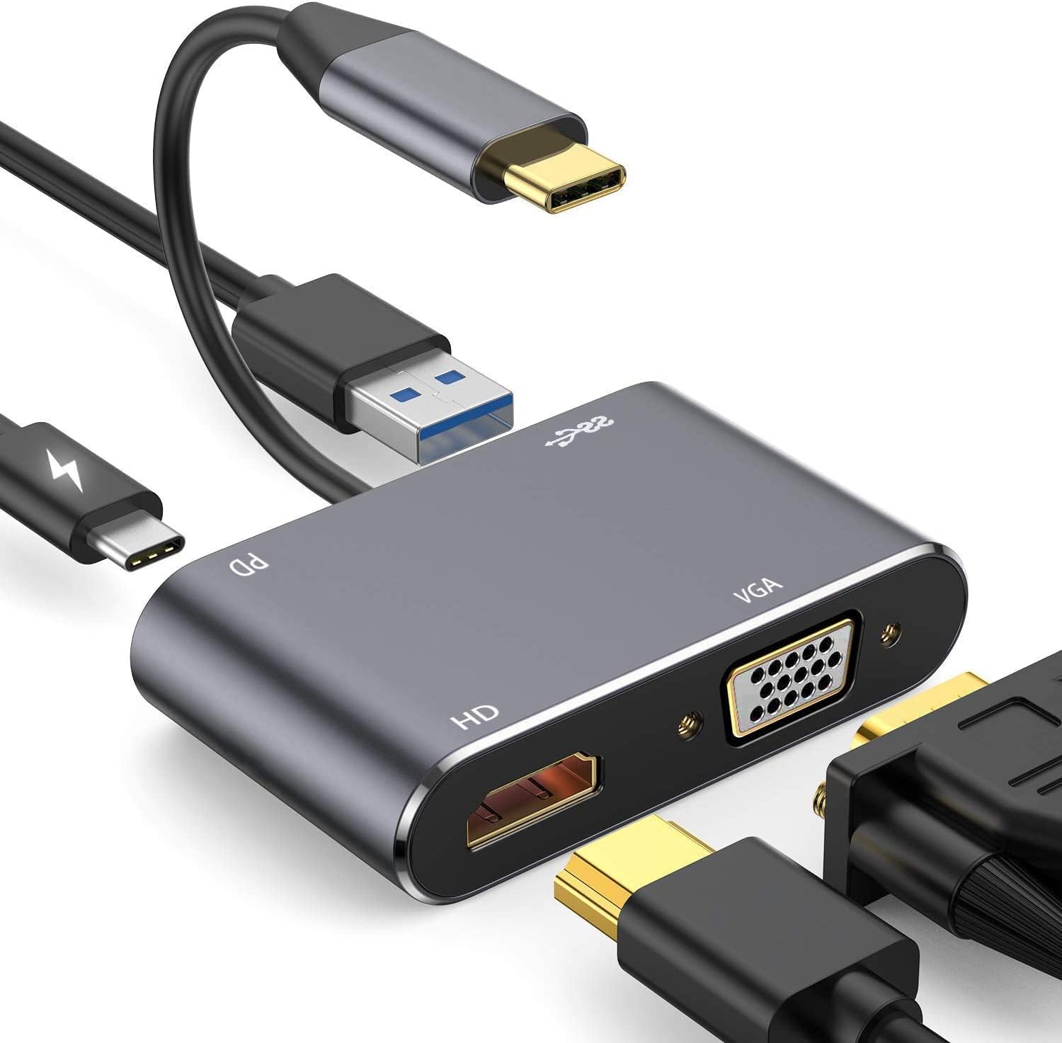 Usb-c-auf-4k-hd-mi-vga-adapter, 4-in-1-usb-typ-c-3.0-otg-hub, Kompatibel Mit Macbook Pro/dell Xps/samsung Galaxy/ipad Pro/chromeboo