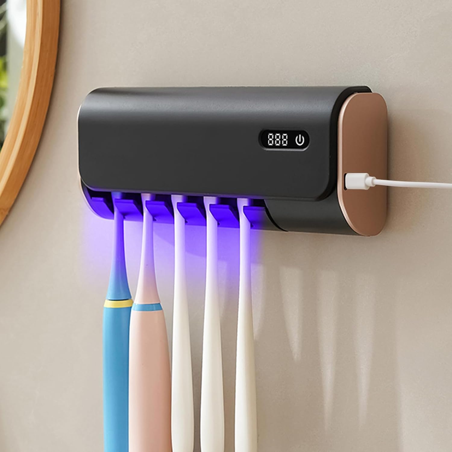 Wandmontierter Zahnbürstenhalter, Uv-desinfektionsmittel, Automatische Trocknung, Universeller 5-slot-halter Für Elektrische/manuelle Bürsten, Kein Bohren, Klebeinstallation, Usb-typ-c-aufladung (schw