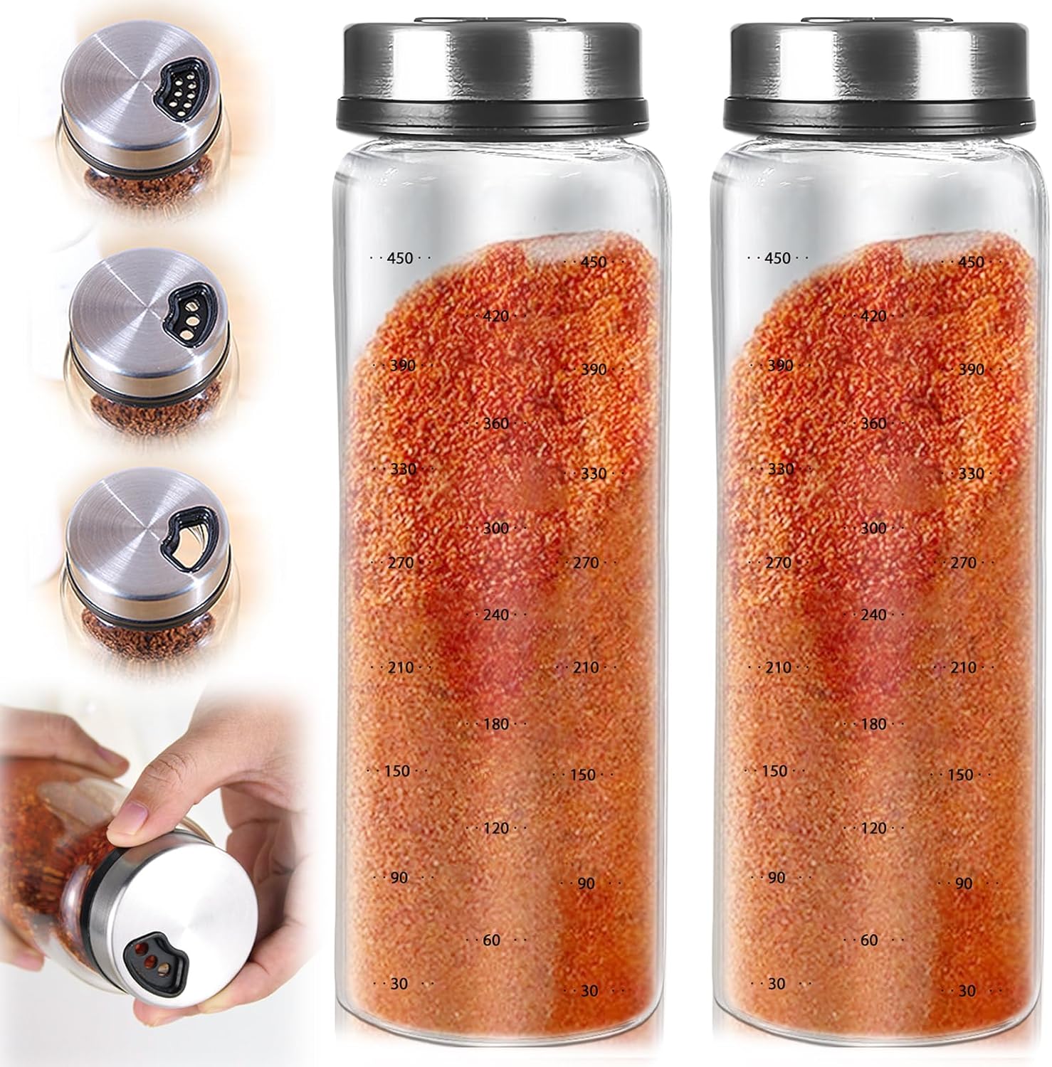 Zwei Gewürzgläser Aus Glas Mit Großem Fassungsvermögen (500 Ml) Und Schraubdeckel. Jedes Glas Verfügt Über Drei Unterschiedlich Große Fächer Zur Aufbewahrung Von Gewürzen.