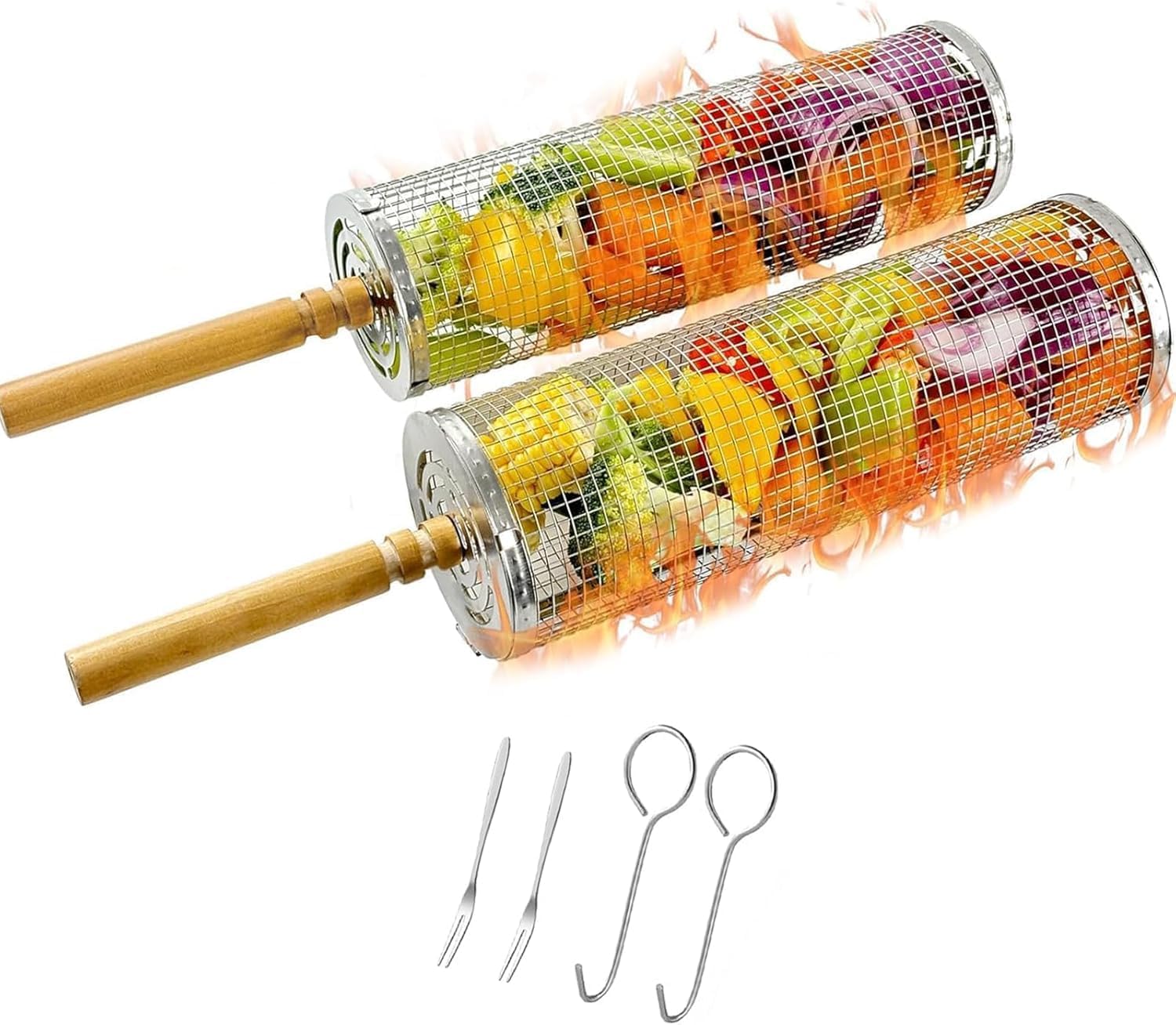 Set Mit 2 Ineinandersetzbaren Grillkörben, Edelstahl 304, Abnehmbare Holzgriffe, Ideal Für Gemüse, Garnelen, Fisch Und Fleisch, Spülmaschinenfest, Ideales Geschenk Zum Grillen