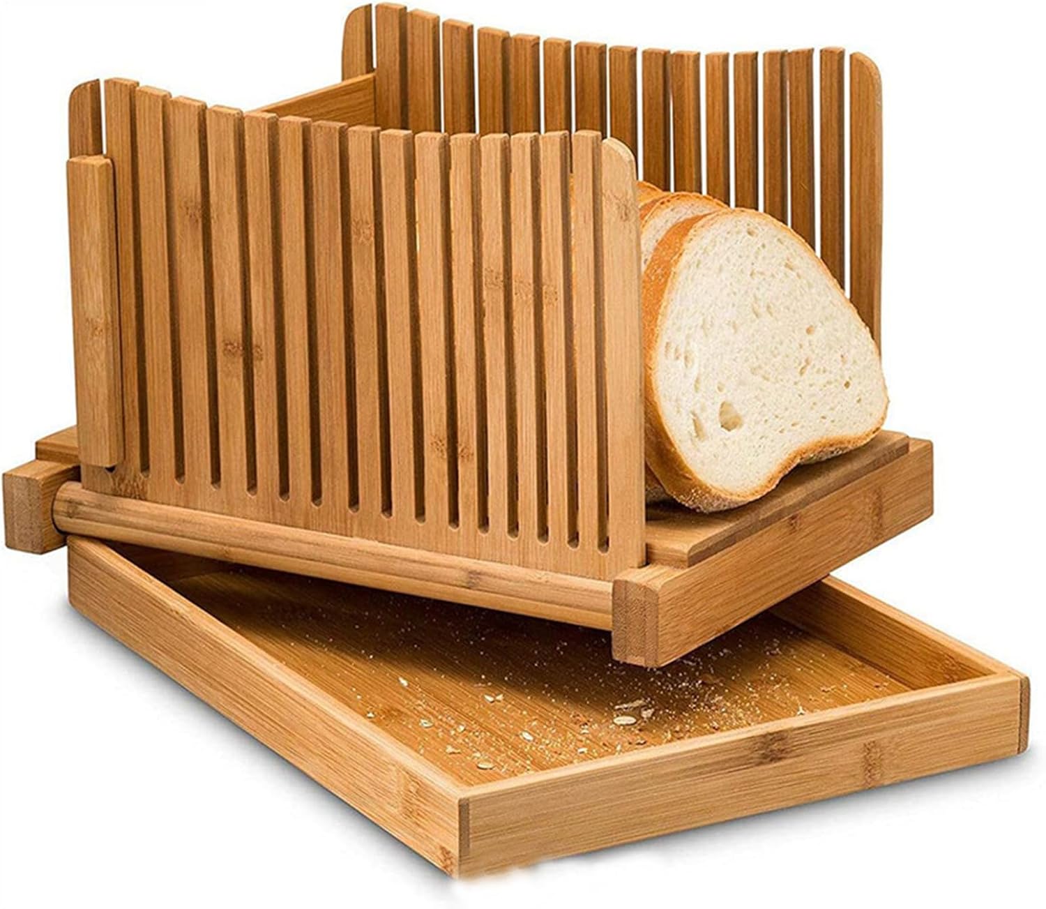 Zusammenklappbarer Brotschneider Aus Bambusholz, Brotschneider, Verstellbarer Brotschneider, Mit Krümelauffangschale, Für Dicke Scheiben Schnell Und Sicher