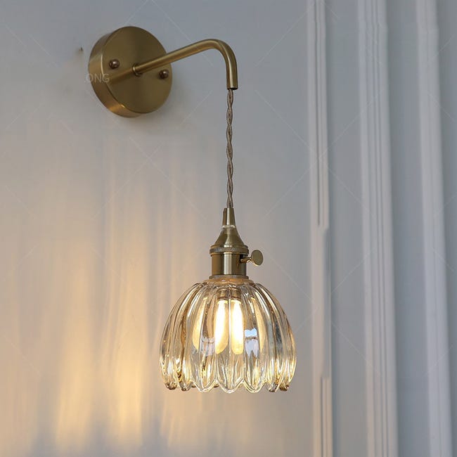 Retro-wandlampe Mit Hellgoldenem Glaslampenschirm, 220-v-kronleuchter Aus Messing Mit 70 Cm Verstellbarer Kette, E26-schlafzimmer-nachttischlampe – Inklusive Glühbirne