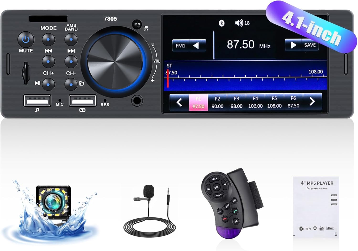 1-din-autoradio Mit Bluetooth-freisprecheinrichtung, 4,1-zoll-bildschirm Mit Fm-radio Flac, Doppel-usb/u-disk/aux/tf Swc + Rückfahrkamera + Mikrofon