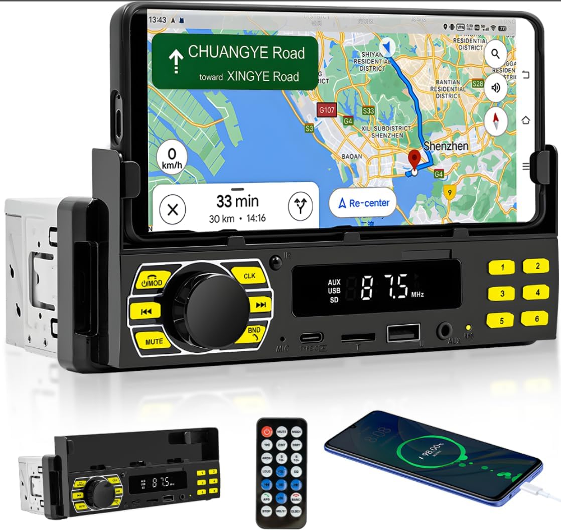 1 Din Bluetooth-autoradio Mit Handyhalterung, Autoradio Mit Bluetooth-freisprecheinrichtung, Fm-radio/usb/tf/aux/7 Farben/app, Lokalisiert Auto-mp3-player Mit Fernbedienung, Schnelles Aufladen