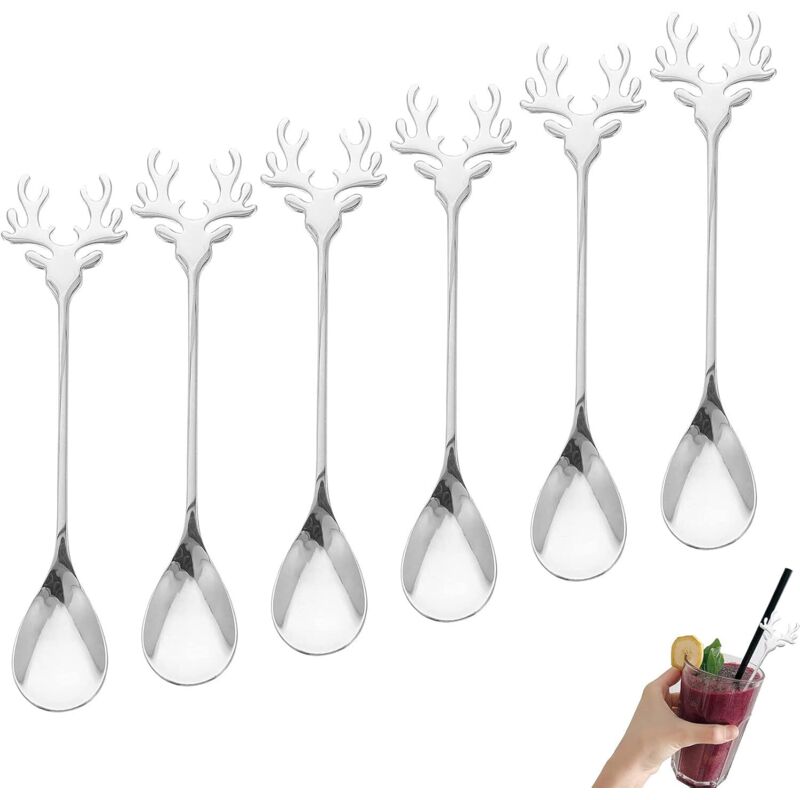 [niemals Verwendet] Set Aus 6 Edelstahl-löffeln In Rentierform: Dessertlöffel, Suppenlöffel, Weihnachtslöffel, Kaffeelöffel, Kleiner Löffel, Teelöffel (silber)