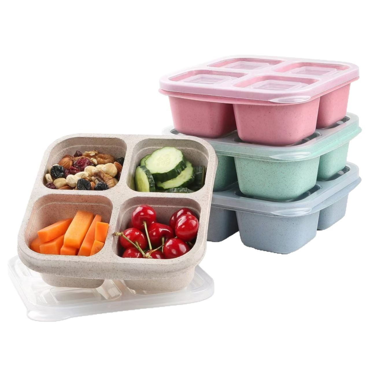 4er-pack Snackboxen, Bento-boxen Mit 4 Fächern Für Kinder Und Erwachsene, Lunchboxen Mit Trennwänden Für Die Schule (grün/blau/rosa/weiß)