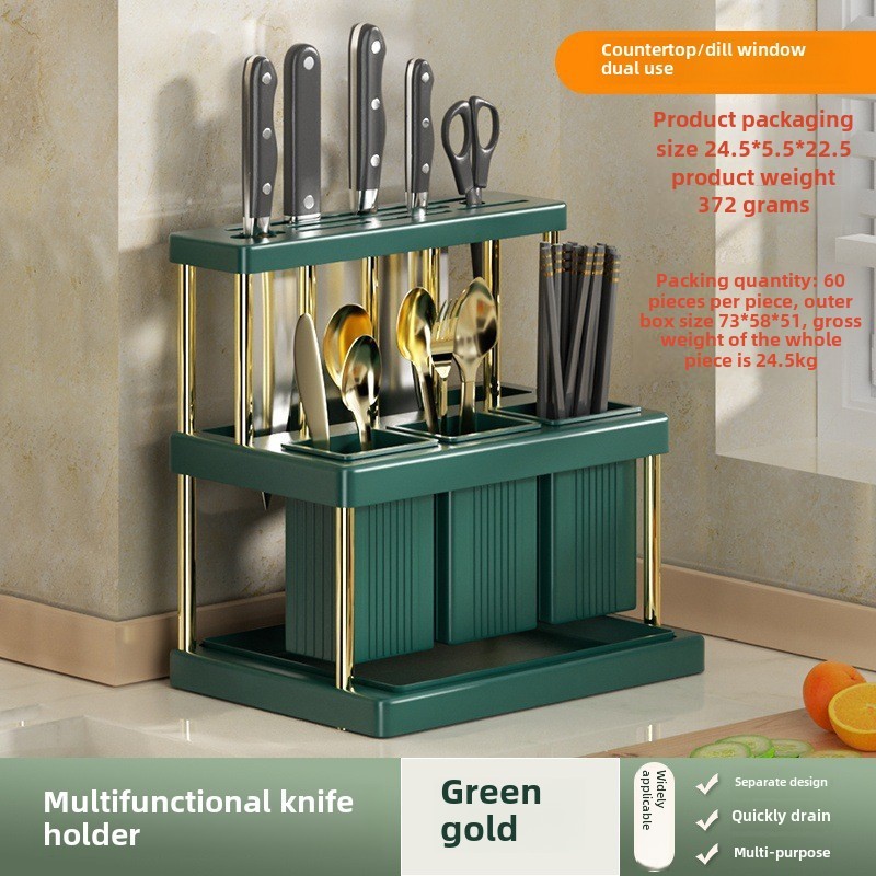 Multifunktionaler Messer- Und Essstäbchenhalter, Aufbewahrungsgestell Für Messer Und Gabeln (grün Und Gold)