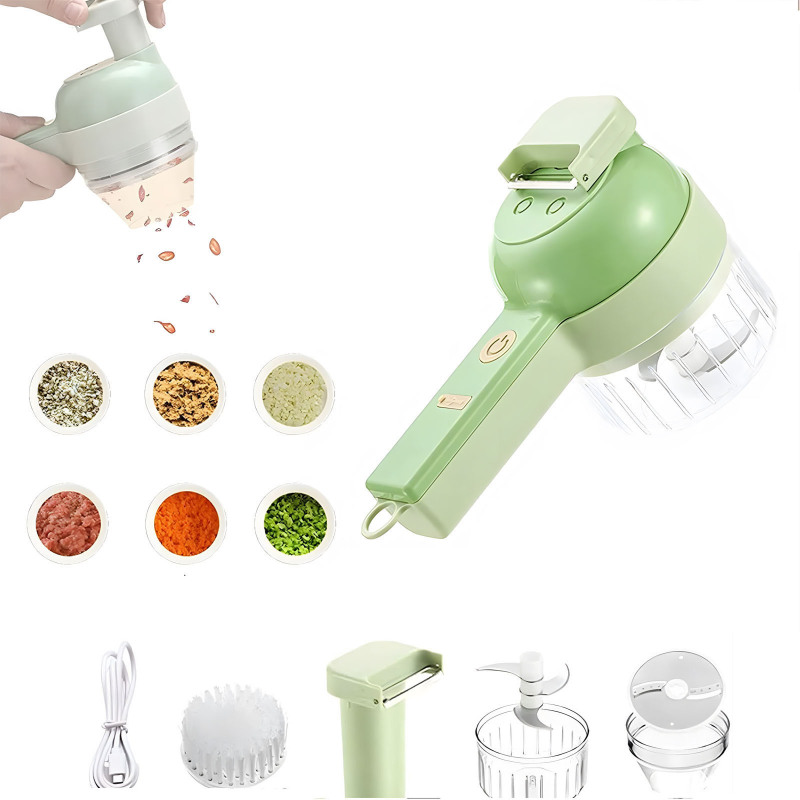 4-in-1 Tragbarer Elektrischer Gemüseschneider, Kabelloser Küchenhelfer Für Knoblauch, Paprika, Chili, Zwiebeln, Sellerie, Ingwer Und Fleisch Mit Pinsel