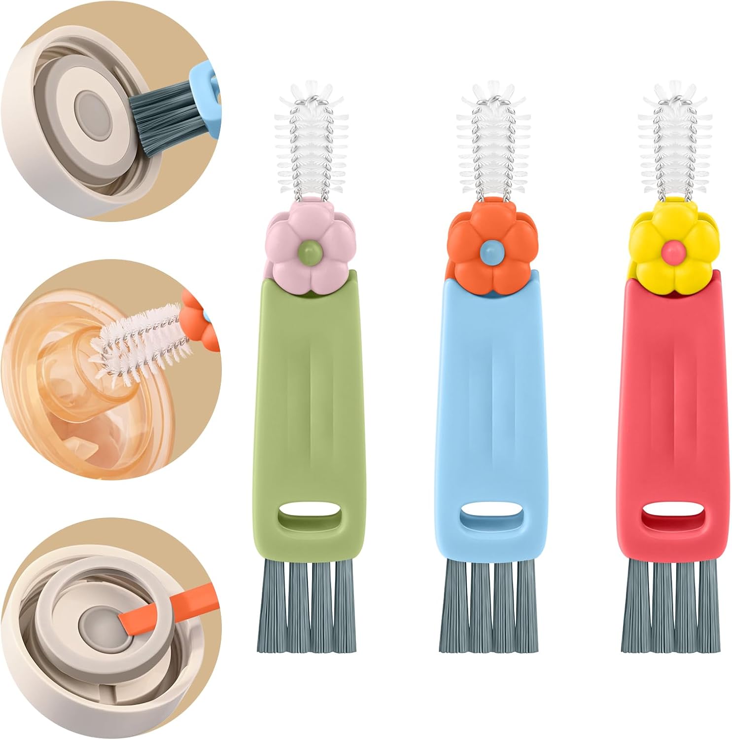 3-in-1 Reinigungsbürste, Reinigungswerkzeug Geeignet Für Becherdeckel, Wasserflaschen, Babyflaschen, Tastaturen Und Küchenbereiche, Rot/blau/grün