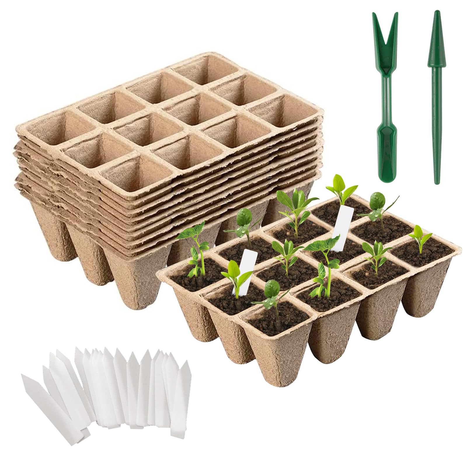 20 Kleine Anzuchtschalen Mit 12 Löchern + 20 Gartenetiketten + Ein Paar Kleine Hellgrüne Werkzeuge (ohne Löcher Im Boden)