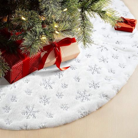 Weihnachtsbaumdecke, Kunstfellteppich Mit Schneeflockenstickerei, Glitzernder Silberner Weihnachtsbaumschmuck, 78 Cm