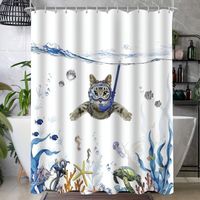 Schimmelresistentes Design Mit Schwimmender Katze, Beschwerter Saum, Wasserdicht, Waschbar, Aus Polyestergewebe, Mit 6 Ösen Und Duschvorhangringen