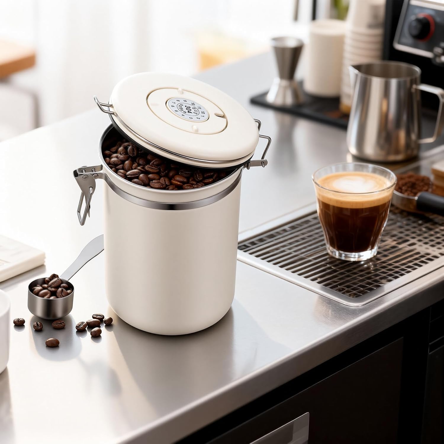 Kaffeedose Aus Edelstahl – 1800 Ml Luftdichter Aufbewahrungsbehälter Für Kaffeebohnen, Mit Messlöffel, Auch Als Küchenbehälter Geeignet, Ideal Für Müsli, Zucker, Tee, Mehl Und Als Geschenk.
