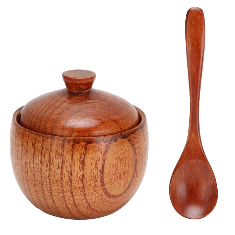 Gewürzglas Aus Holz, Zuckerdose, Salz- Und Pfefferstreuer, Gewürzbox Mit Löffel Und Deckel, Küchenutensil