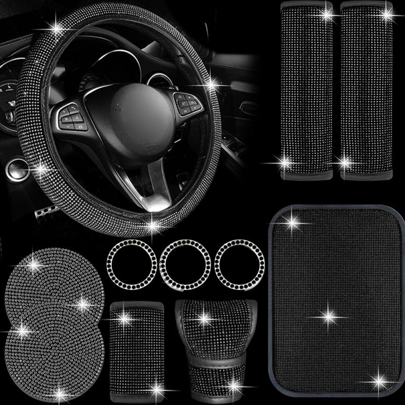 Set Mit 11 Strass-autoaccessoires: Lenkradbezug, Schalthebel, Handbremse, Sicherheitsgurt, Startknopfringe, Untersetzer, Armlehnenkissen (mehrfarbig)
