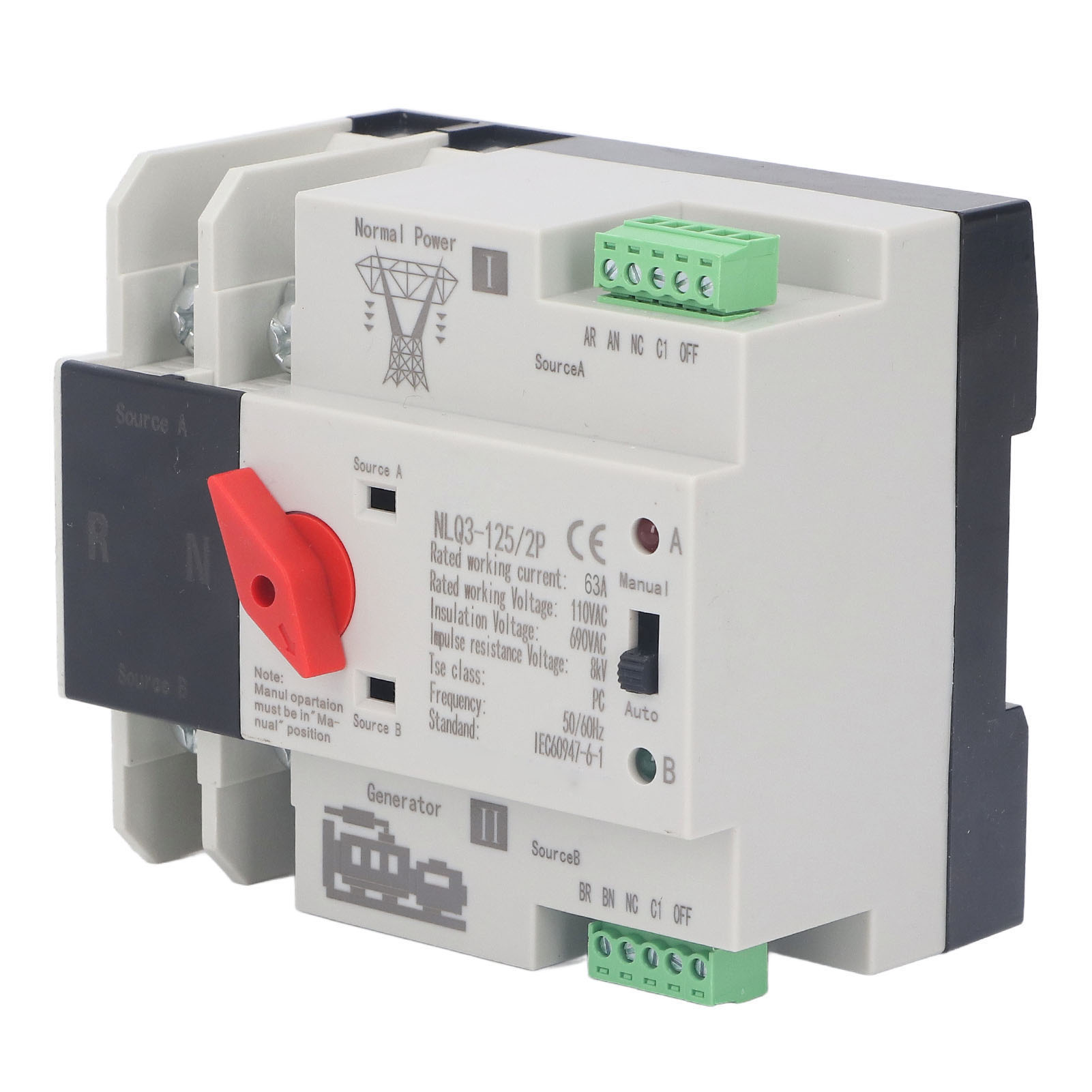 Automatischer Umschalter Für Zwei Stromquellen, 2p, Für Generator, 110 V Ac, 50 Hz/60 Hz, 63 A