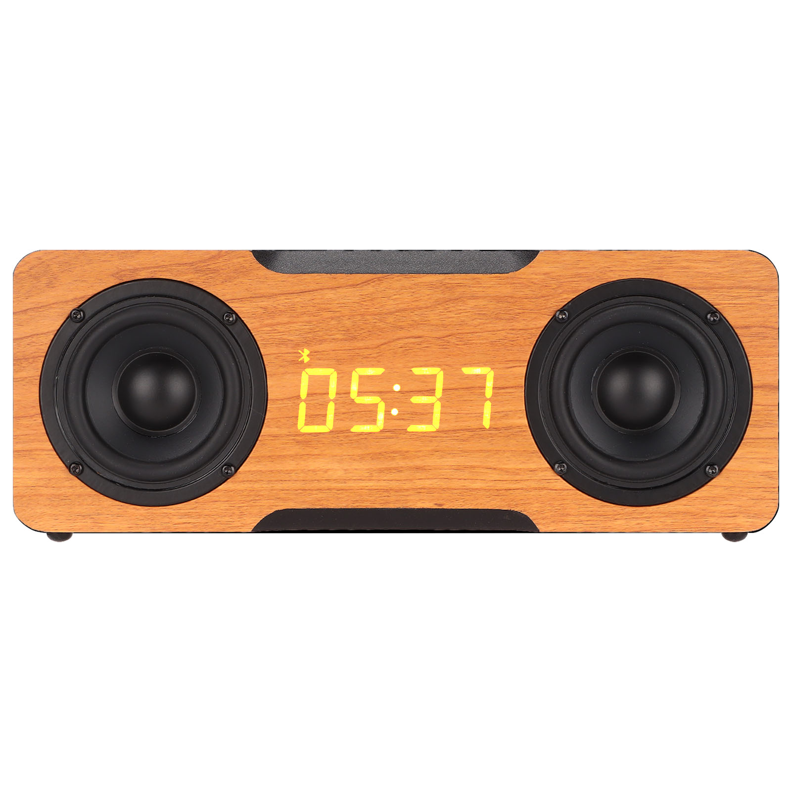 Bluetooth-lautsprecher Aus Holz Mit Digitaluhr, Bluetooth-, Aux- Und Speicherkartenwiedergabe Kompatibel, Integrierte Beleuchtung, Walnussoptik.