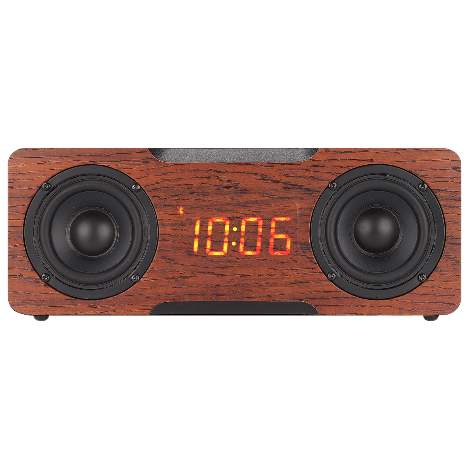 Bluetooth-lautsprecher Aus Holz Mit Digitaluhr, Bluetooth-fähig, Aux-eingang Und Speicherkartenwiedergabe. Braune Holzoberfläche.