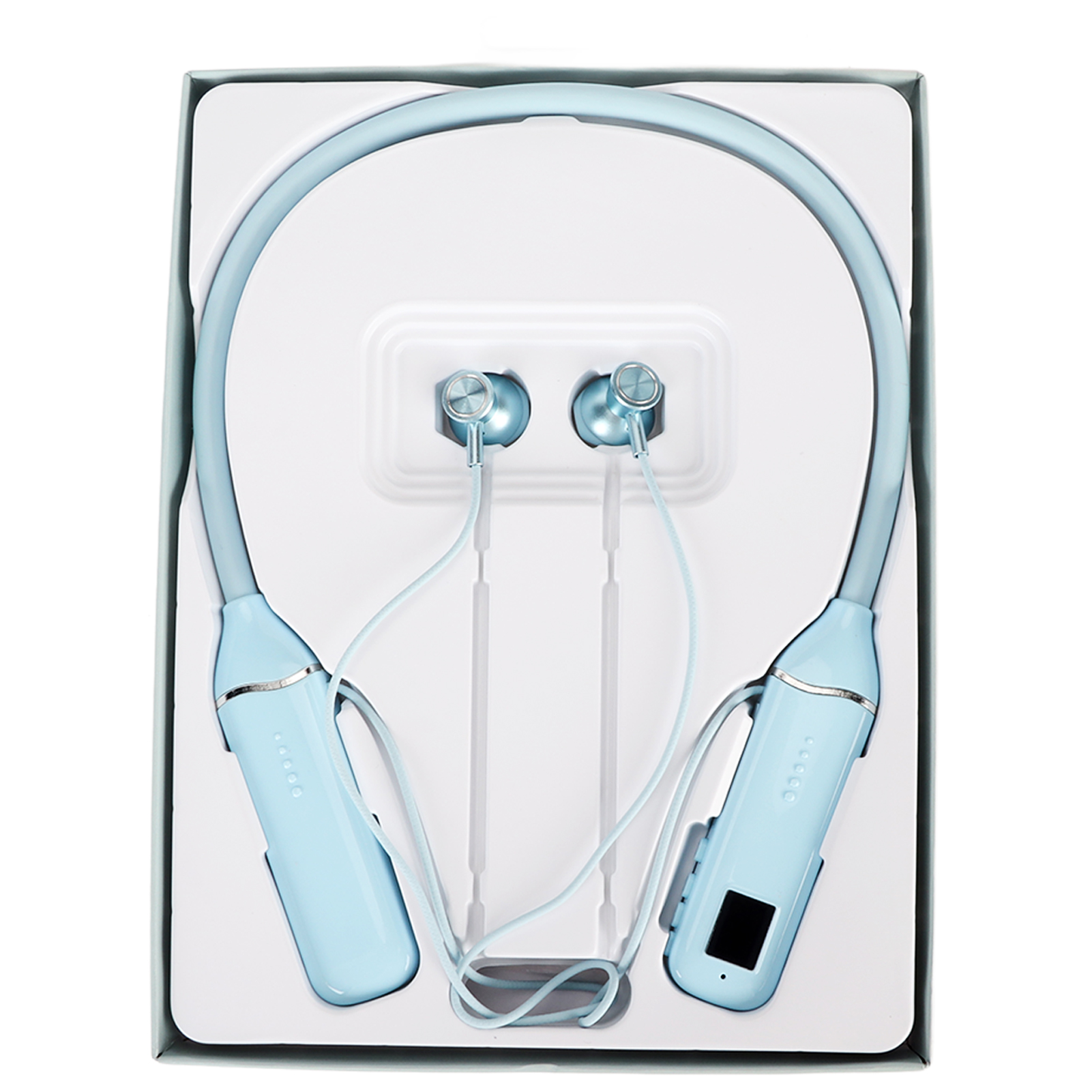 Bluetooth-nackenbügelkopfhörer Mit Led-akkustandsanzeige, Speicherkartenleser, Magnetischen Ohrstöpseln Und Blauer Rgb-hintergrundbeleuchtung.