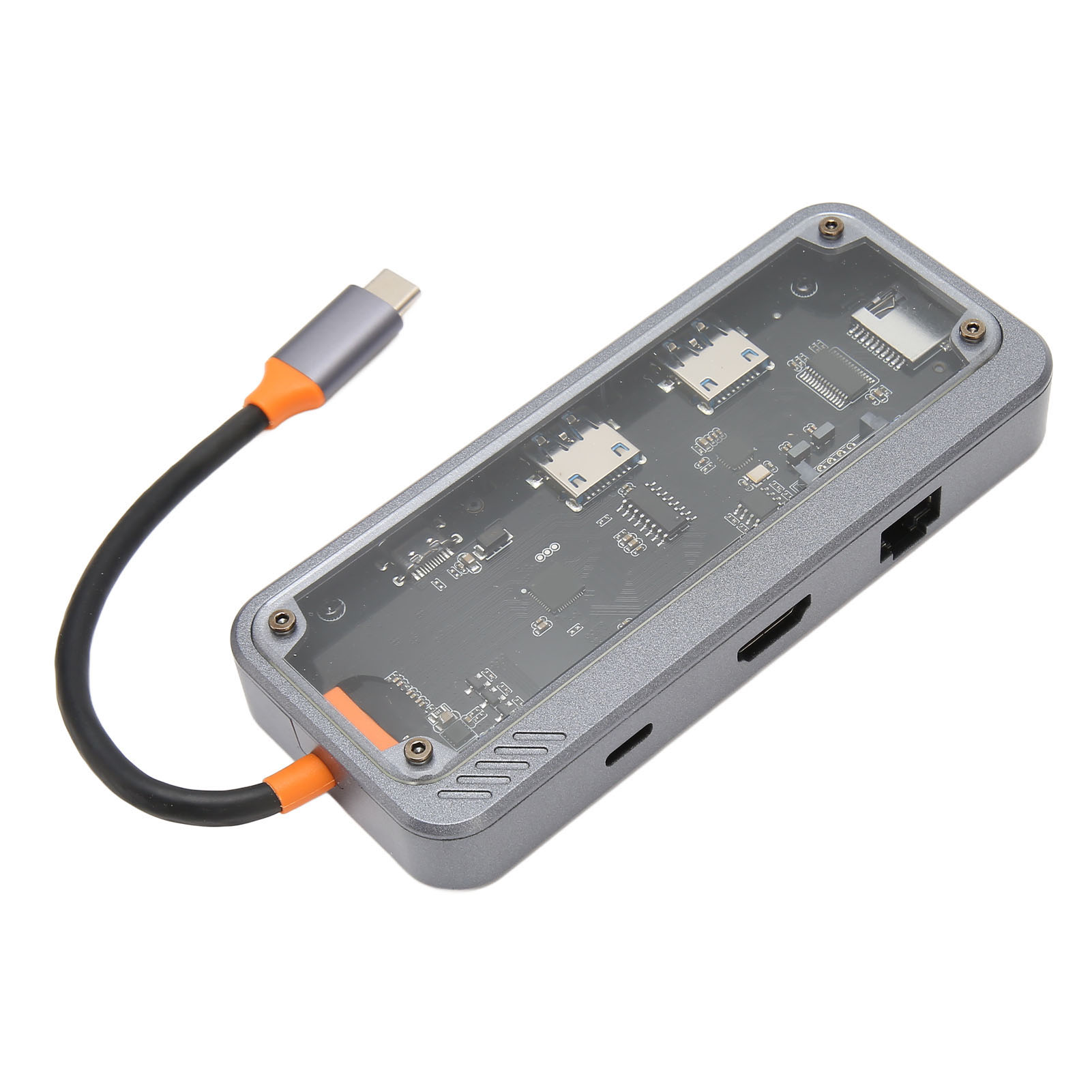 Usb-typ-c-hub Mit Pd-schnellladefunktion, Usb 3.0- Und 2.0-anschlüssen Sowie Rj45-anschluss (transparentes Gehäuse) Für Laptop Und Fernseher (8 In 1) Mit 100m-netzwerkanschluss.