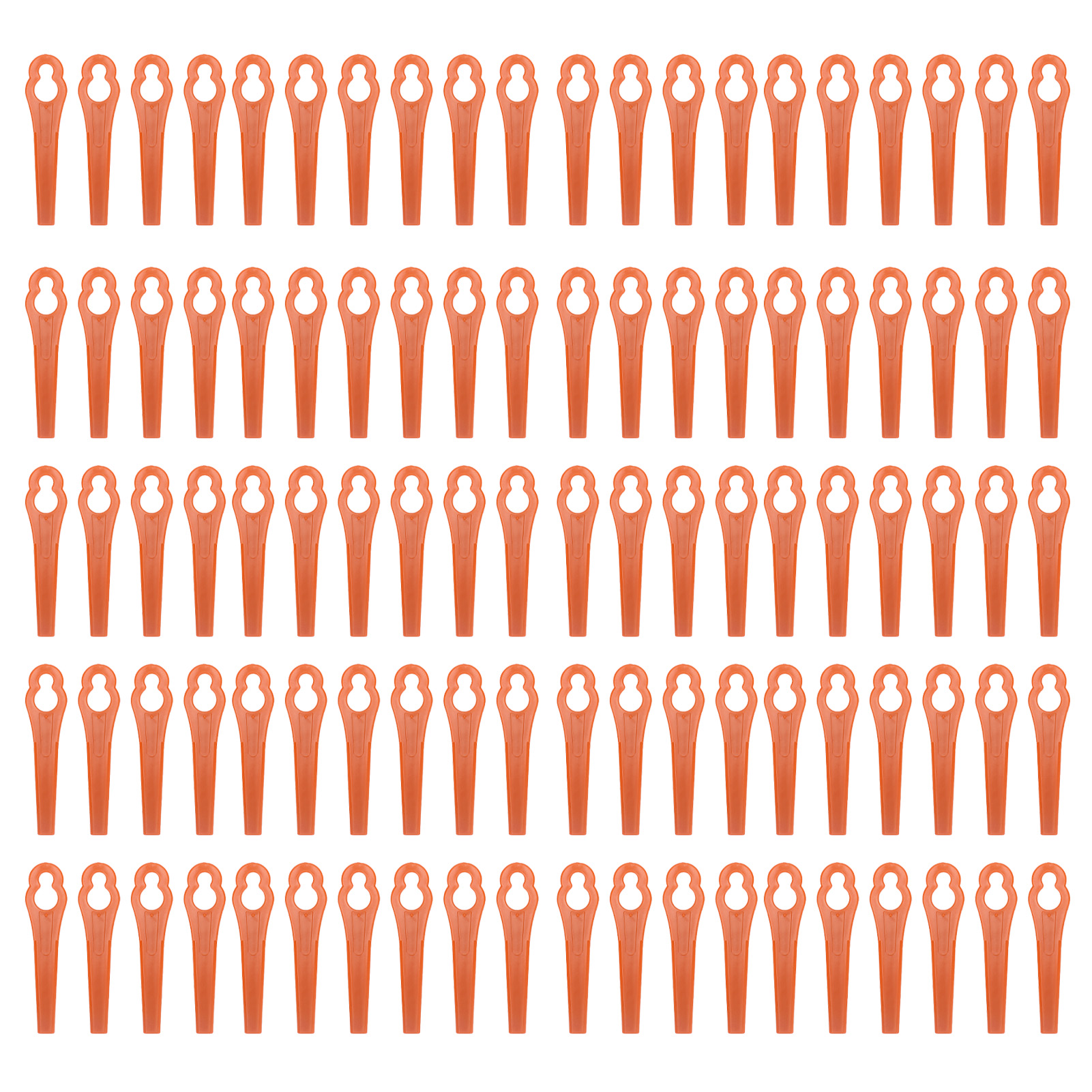 Packung Mit 100 Ersatzklingen Aus Kunststoff Für Freischneider, Länge 80 Mm, Lochdurchmesser 11 X 7 Mm, Farbe Orange.