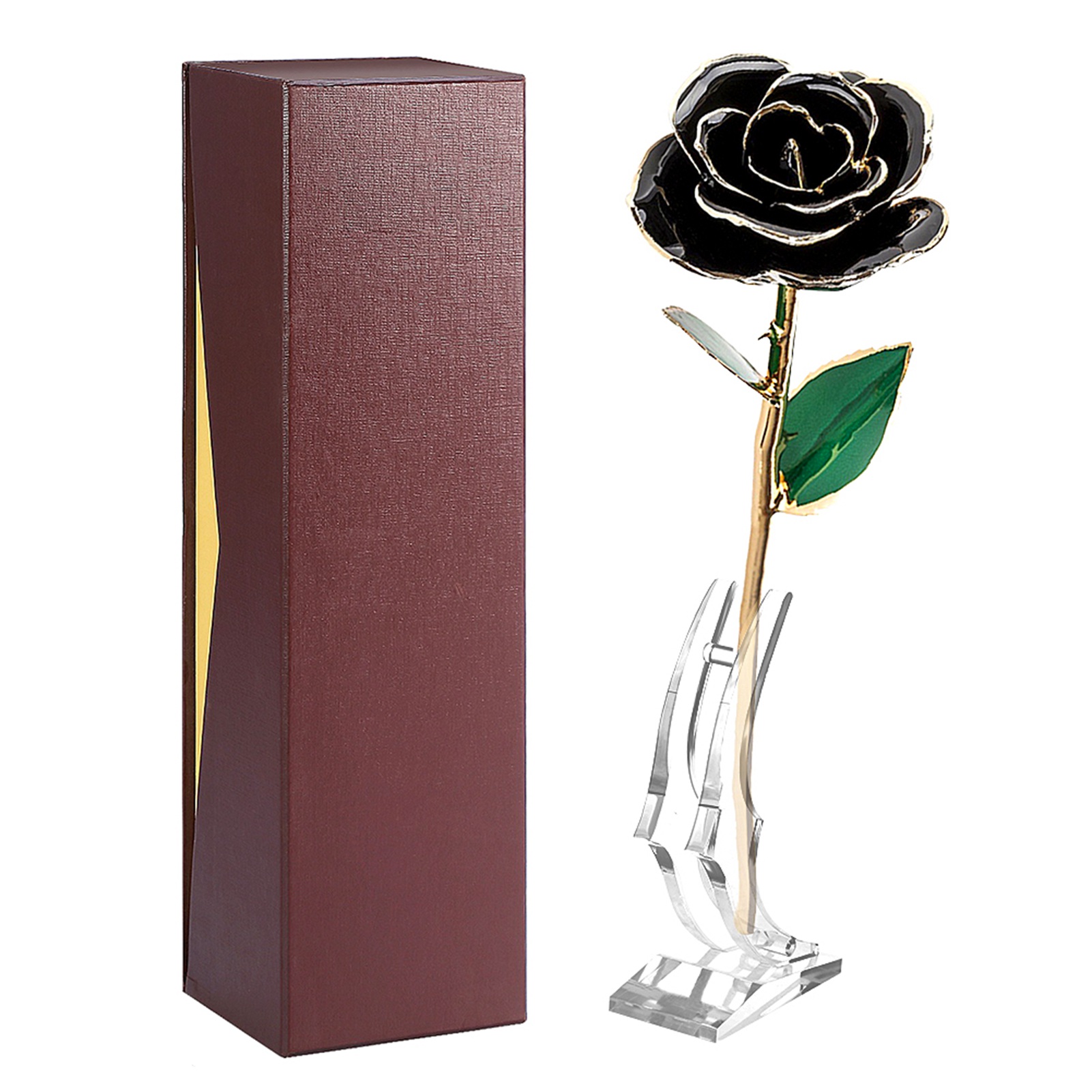 Langstielige Rote Rose Mit 24-karätigem Goldrand, Präsentiert In Einer Goldenen Geschenkbox Mit Ständer (schwarze Rose Mit Ständer)