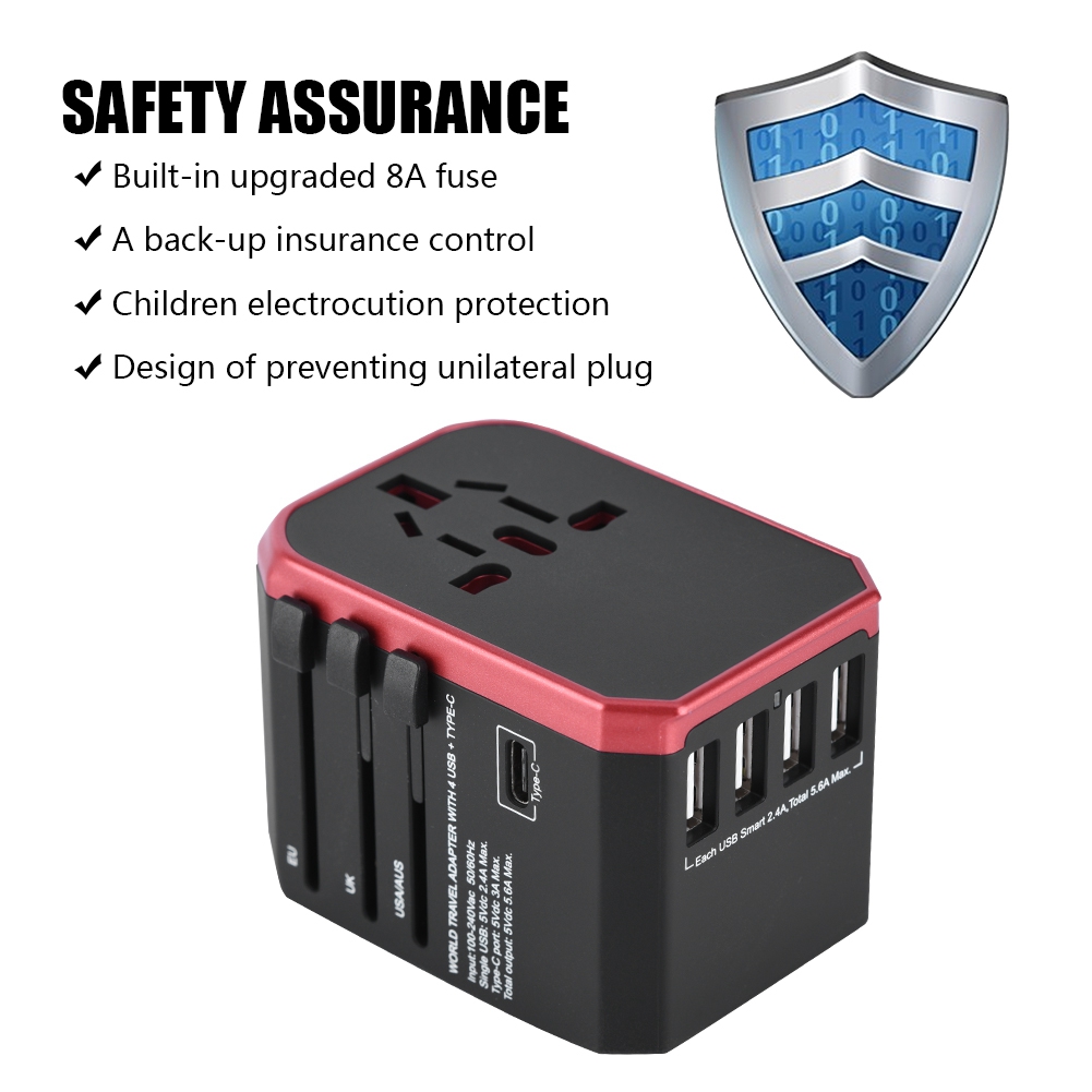 Universeller Reiseadapter Mit 4 Usb-anschlüssen Und Typ-c-buchsen Für Us/au/gb/eu-standards (rot)