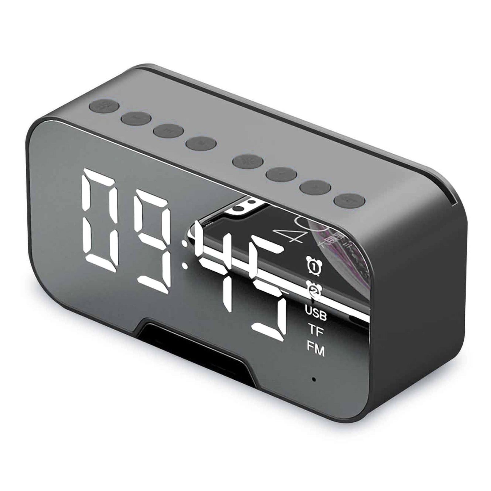 Kabelloser Bluetooth-lautsprecher In Spiegelform Mit Fm-radio, Kartengröße, Innovatives Geschenk Mit Wecker Und Lautsprecher Für Studenten (schwarz)