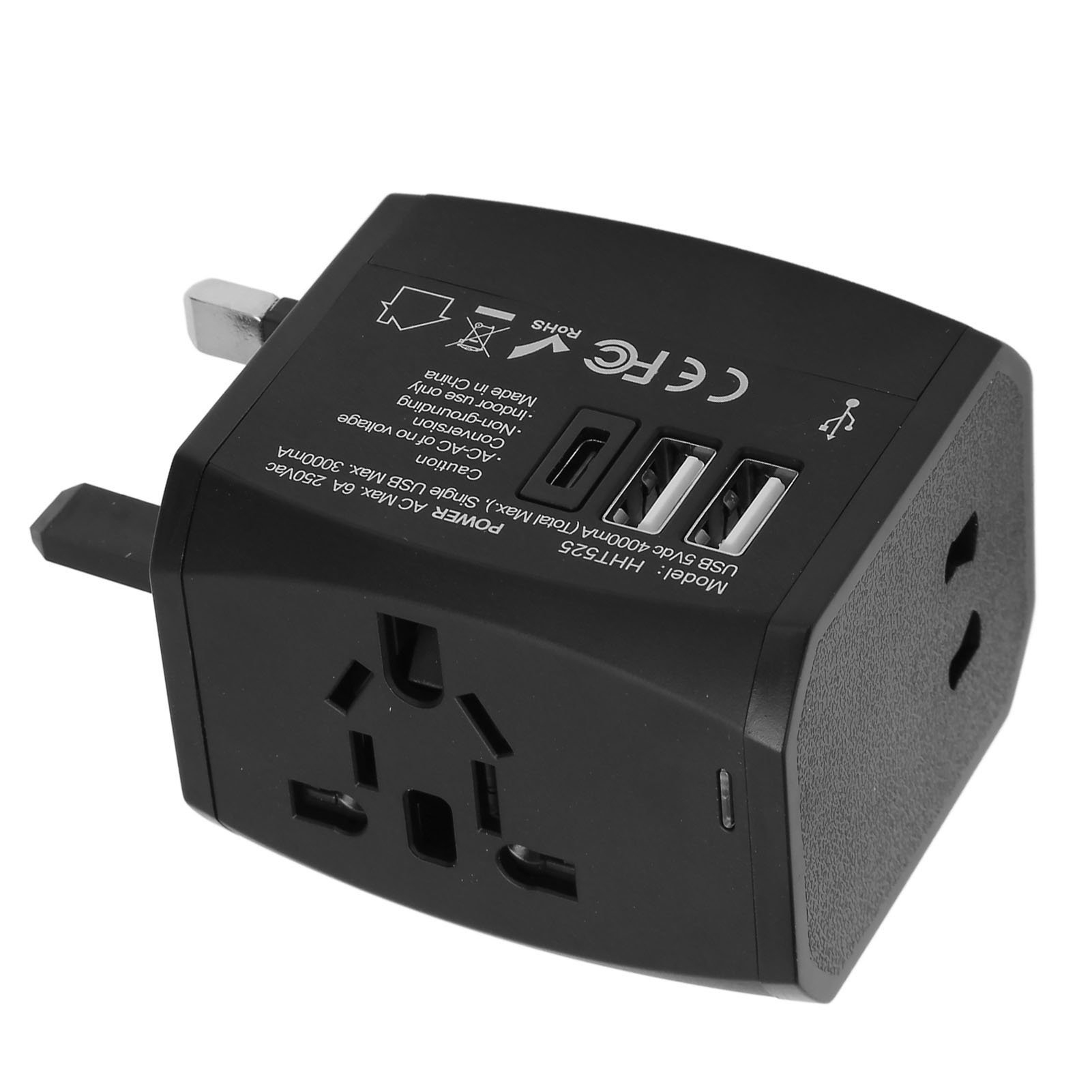 Universeller 6-a-reiseadapter, 2 Usb-3.0-a-anschlüsse, Usb-c, All-in-one-wandladegerät Für Us-, Eu- Und Uk-netze, 100–240 V, Schwarz
