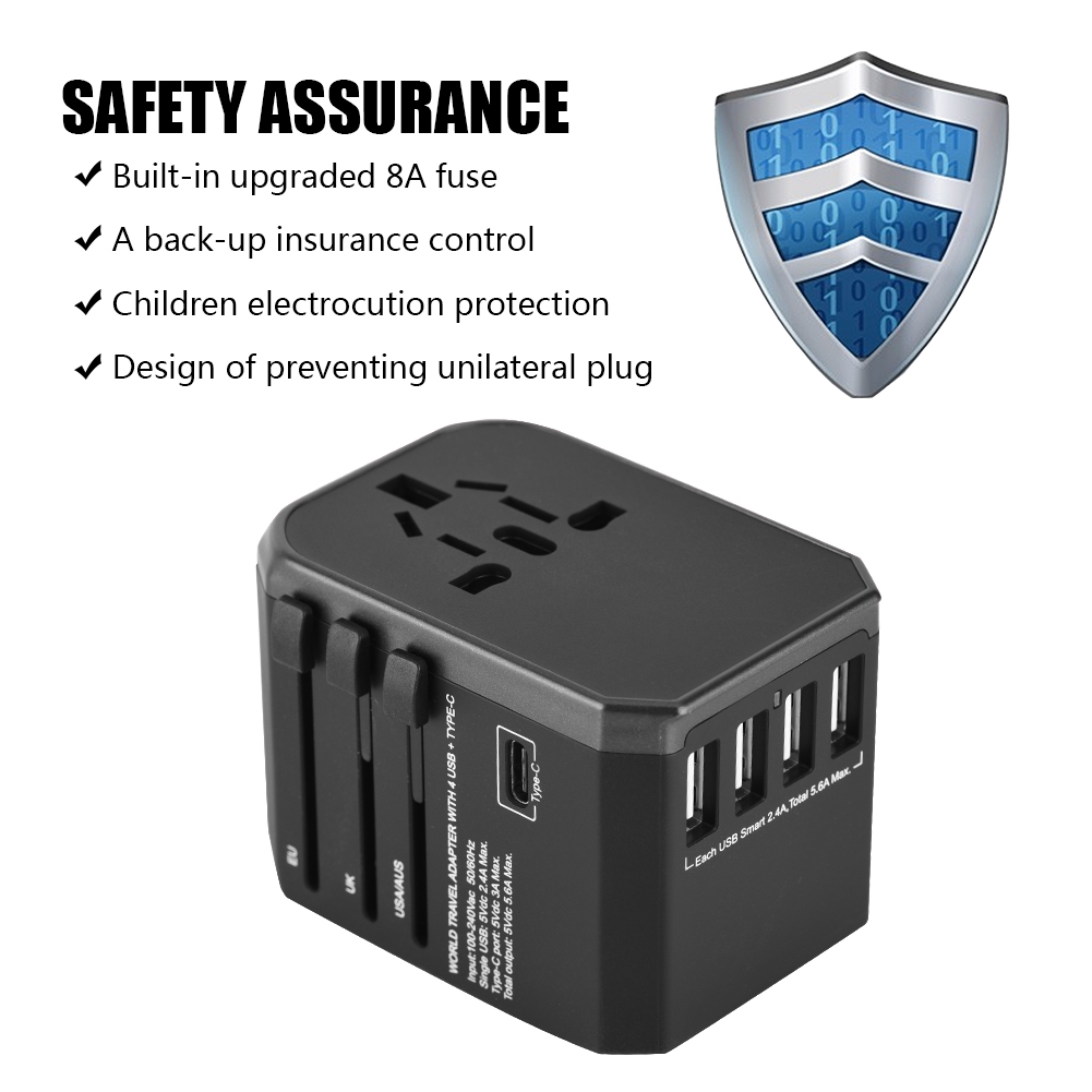 Universeller Reiseadapter Mit 4 Usb-anschlüssen Und Typ-c-buchsen Für Us/au/gb/eu-standards (schwarz)